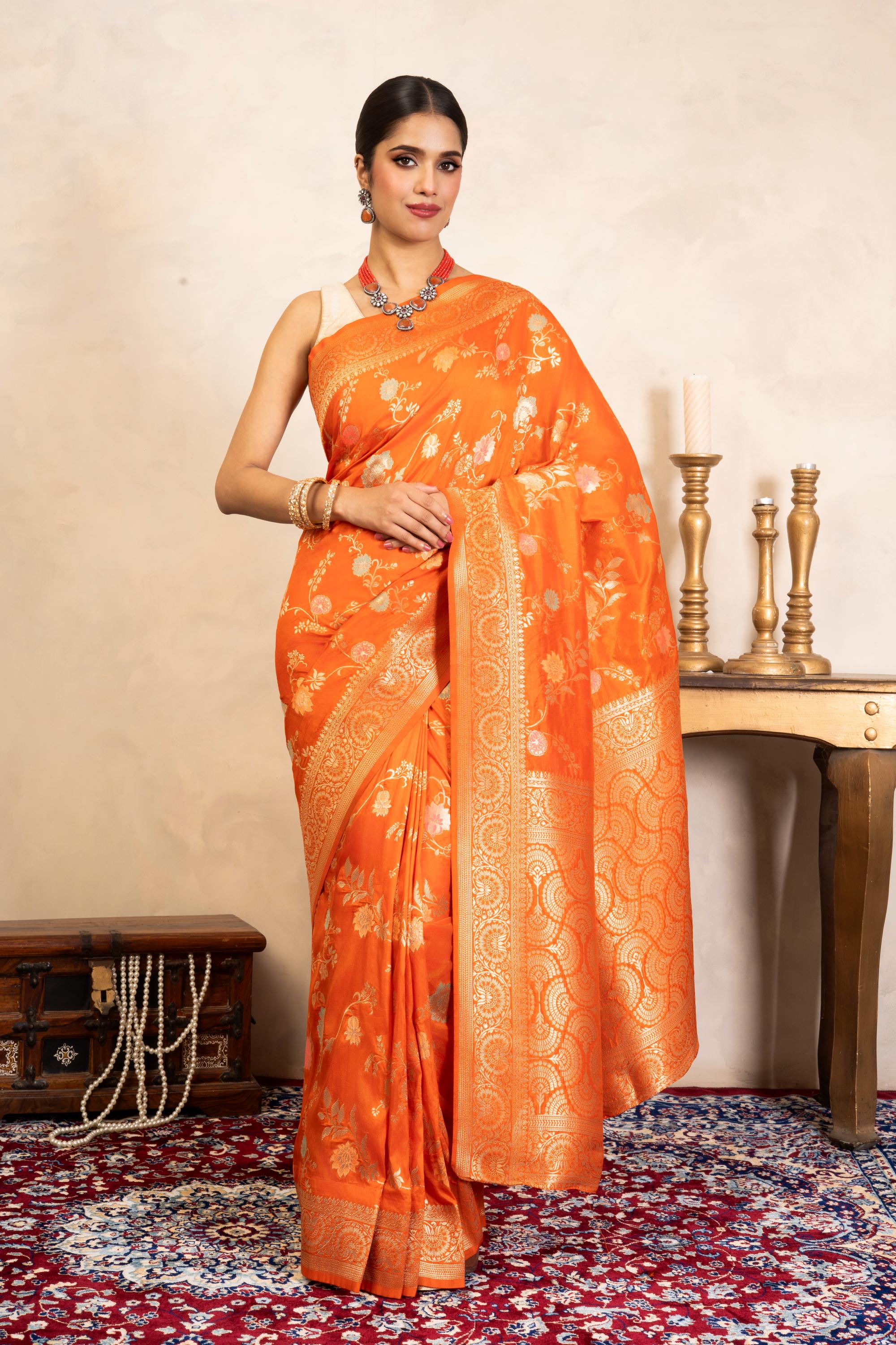 Orange Pure Katan Silk Banarasi Handloom Saree