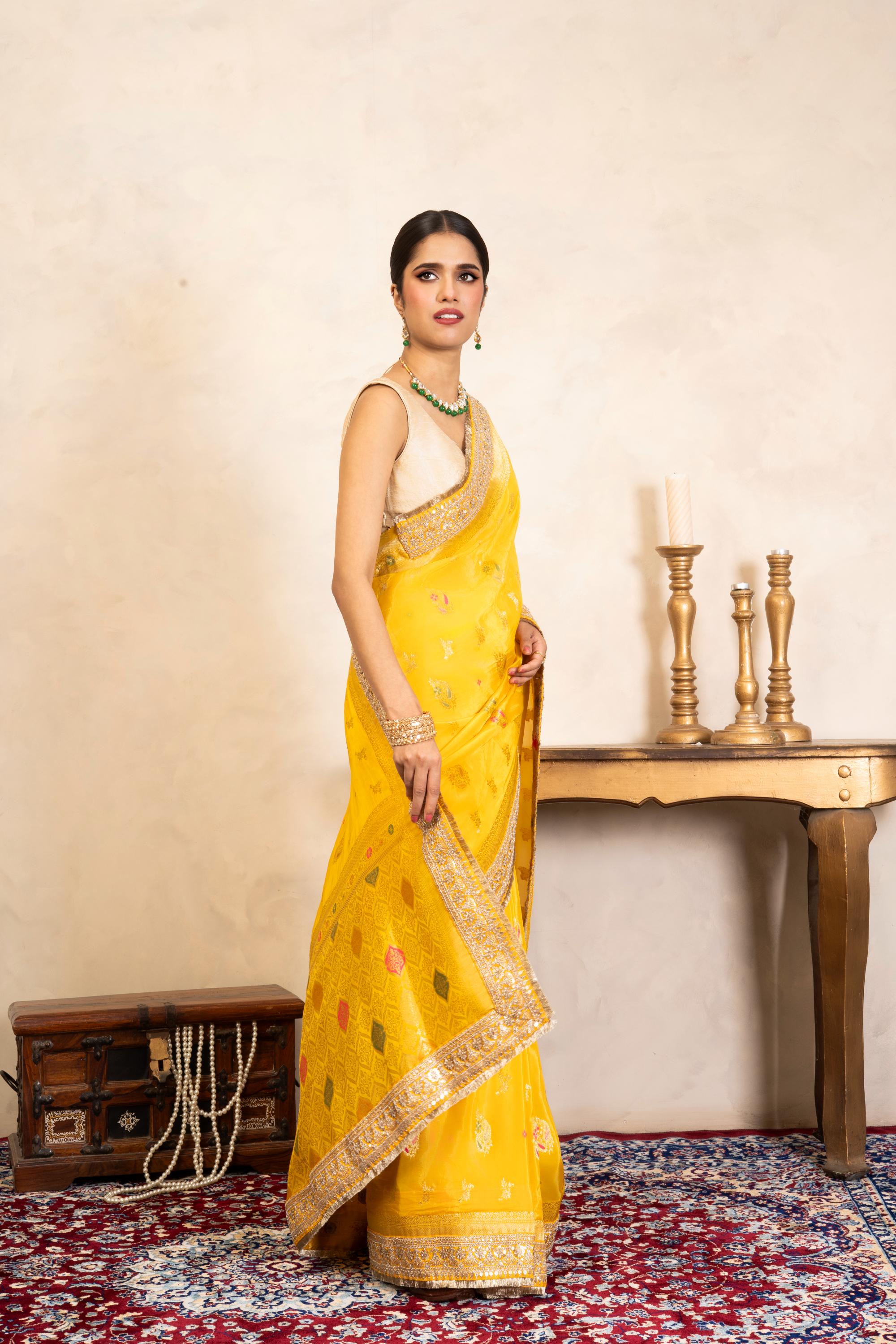 Yellow Pure Katan Silk Banarasi Handloom Saree