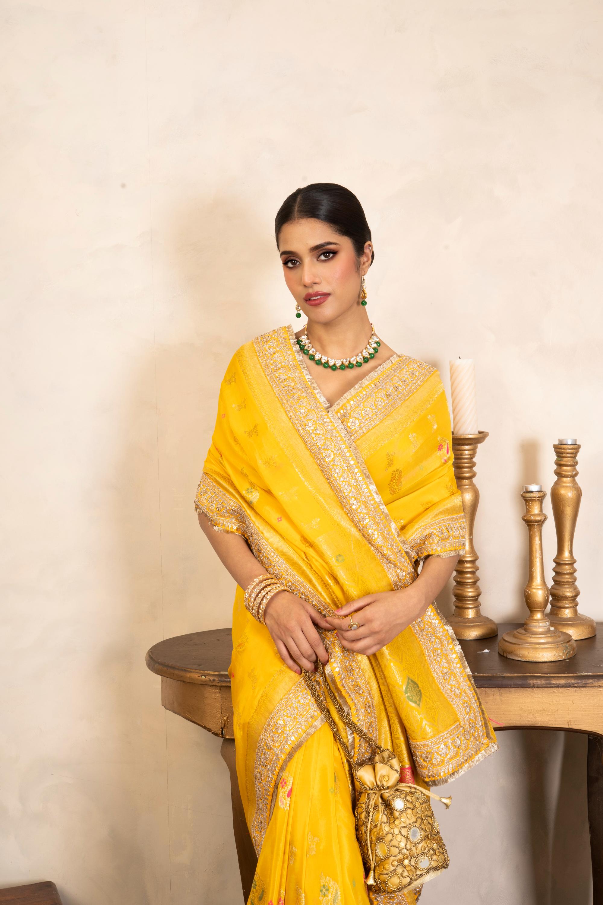 Yellow Pure Katan Silk Banarasi Handloom Saree
