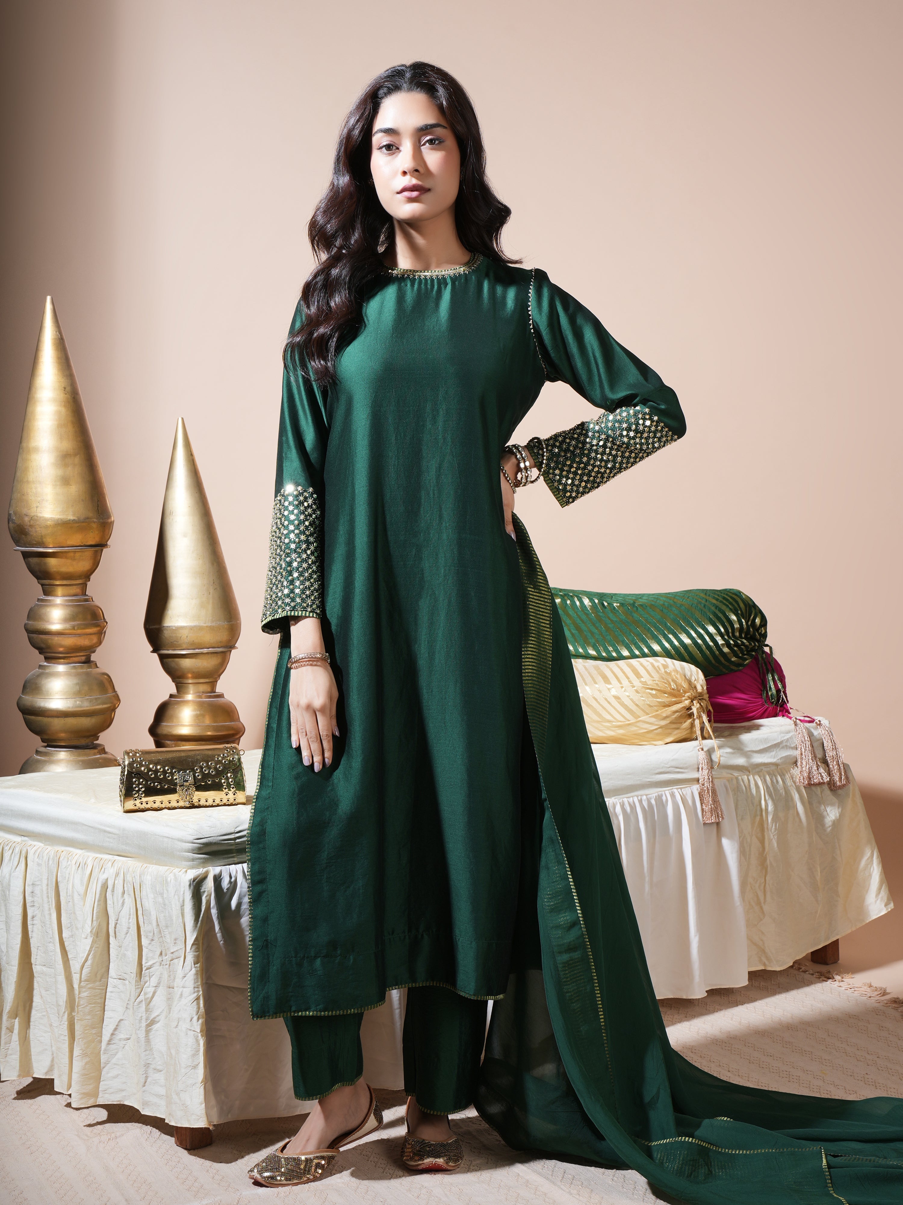 Bottle Green Statement Cuff Long Kurta Set