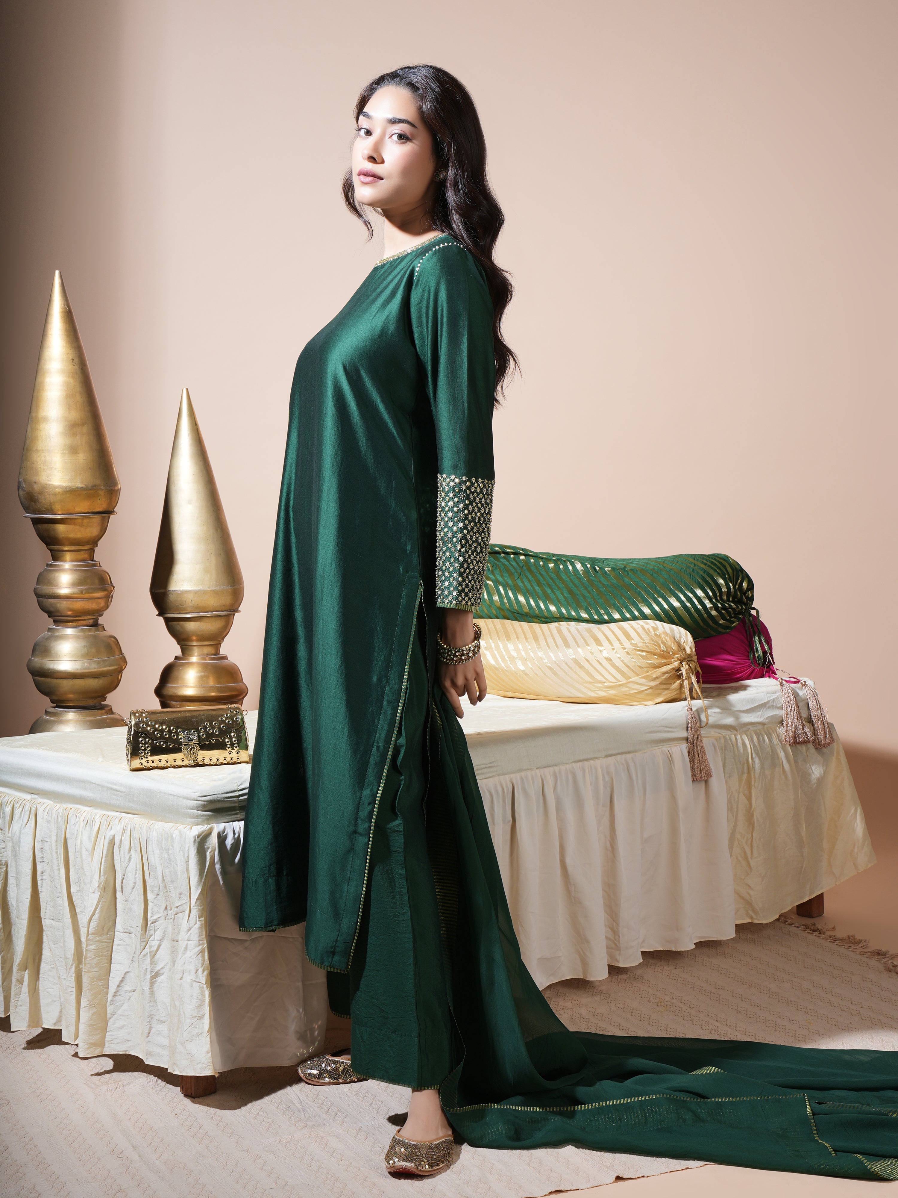 Bottle Green Statement Cuff Long Kurta Set