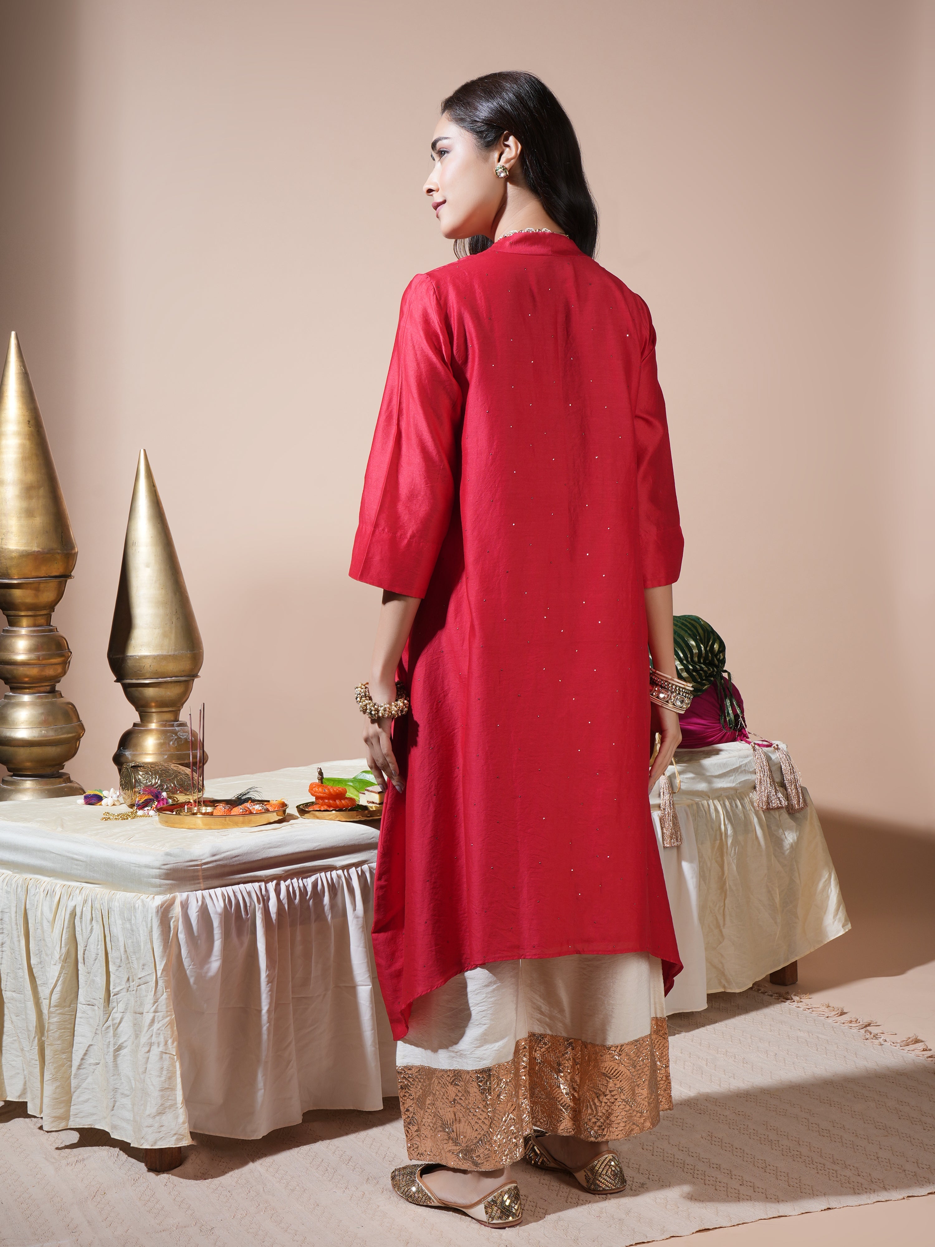 Red Badla/Mukeish Kurta With Lumpi Pants