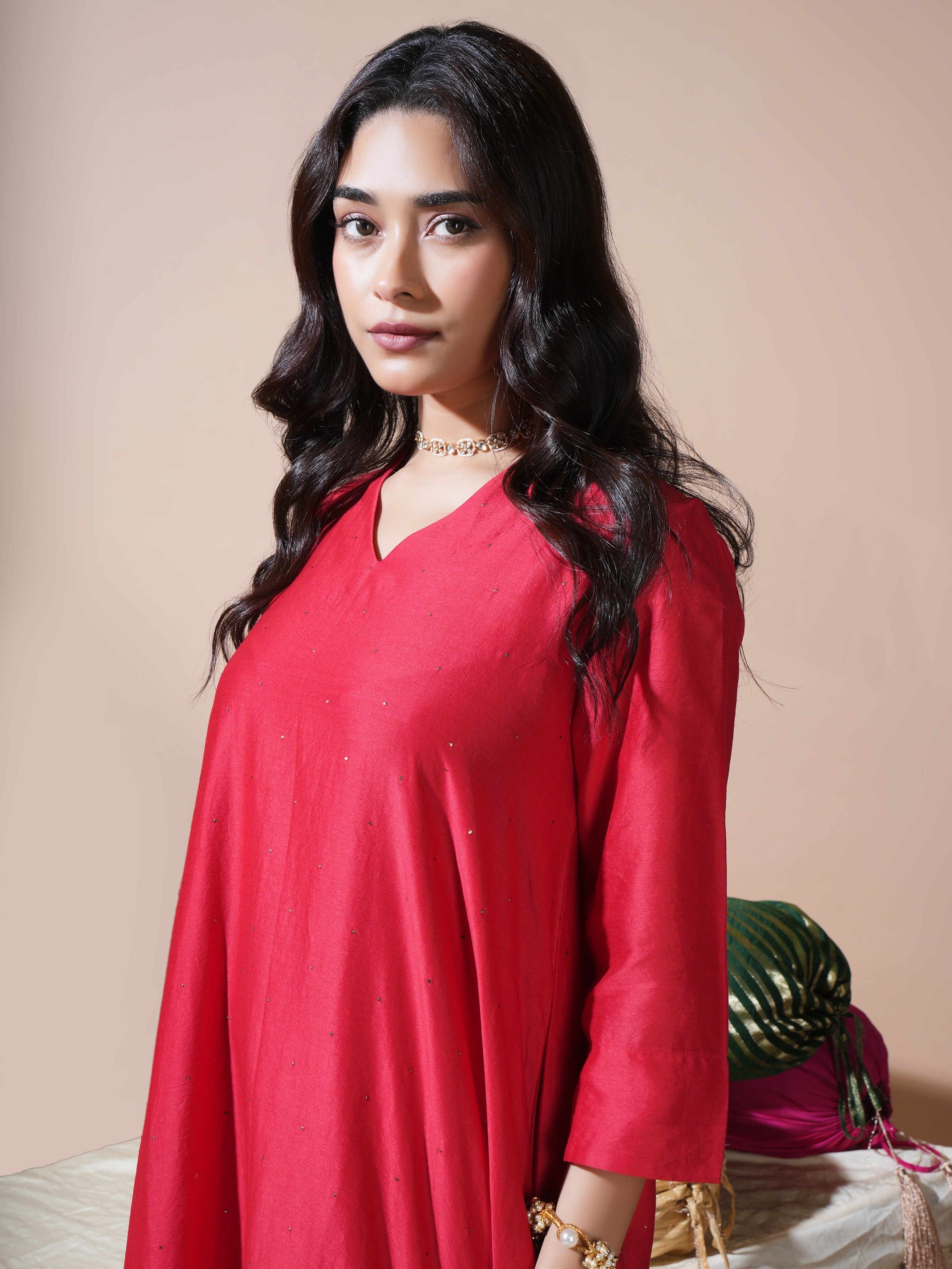 Red Badla/Mukeish Kurta With Lumpi Pants