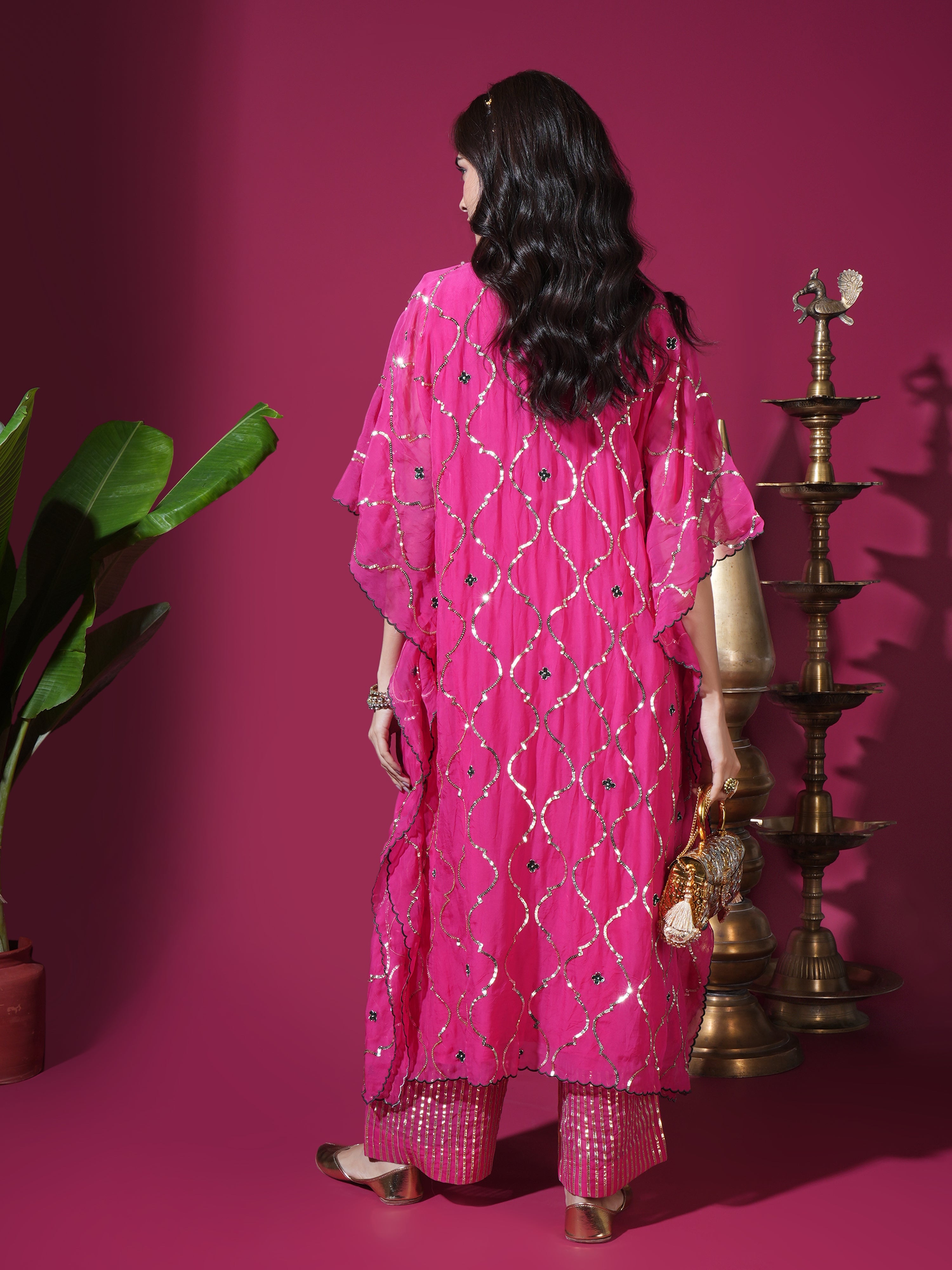 Hot Pink Geometric Jaal Kaftan Set