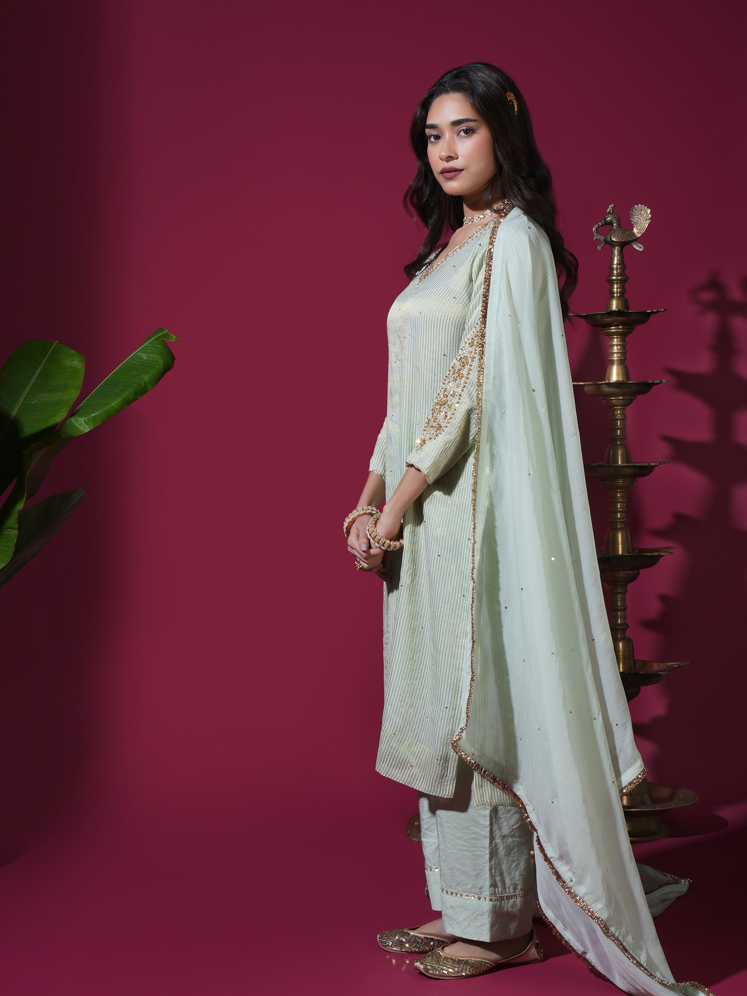 Sage Green Asopalav Leaf Stripe Kurta Set