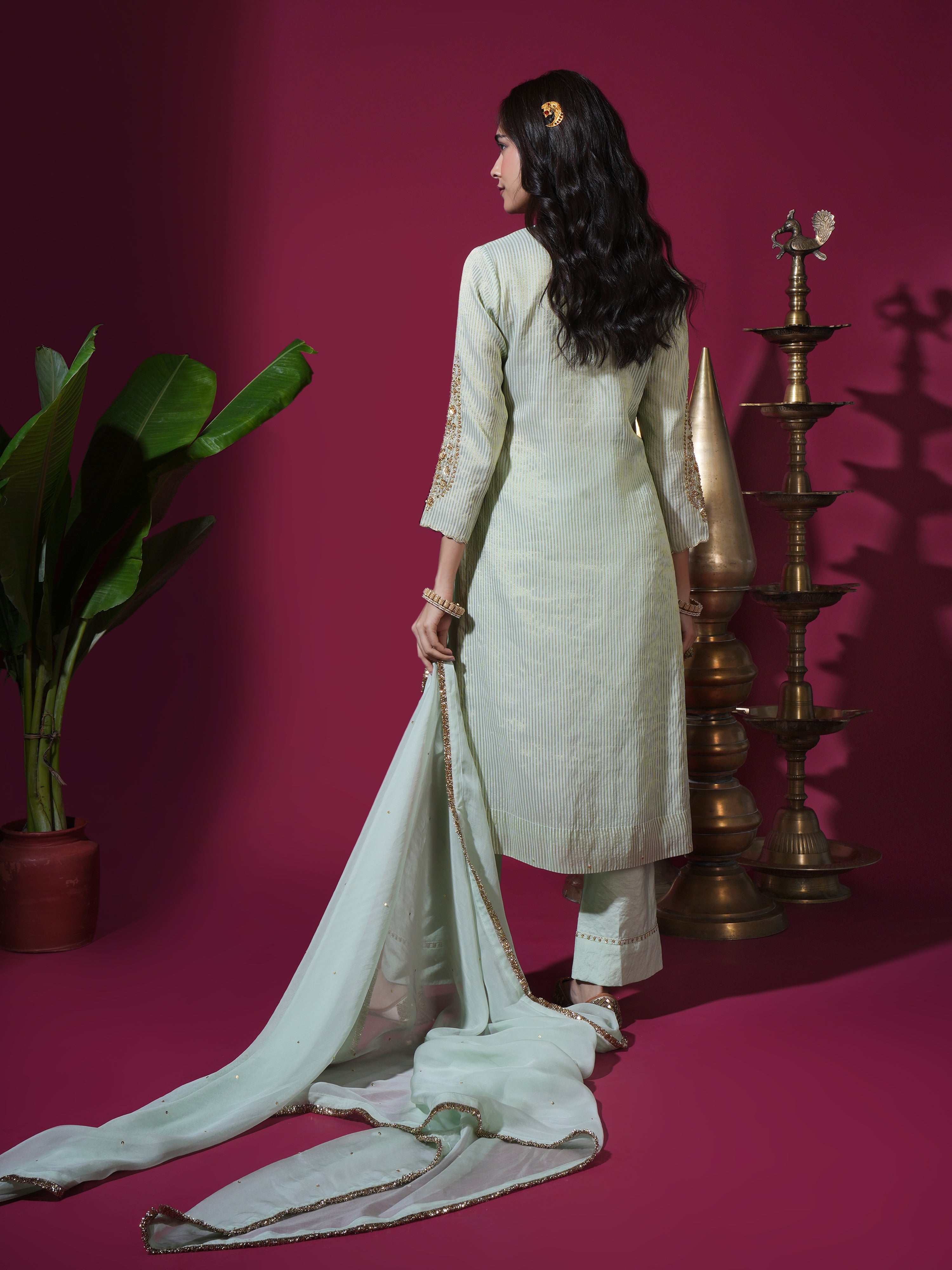 Sage Green Asopalav Leaf Stripe Kurta Set