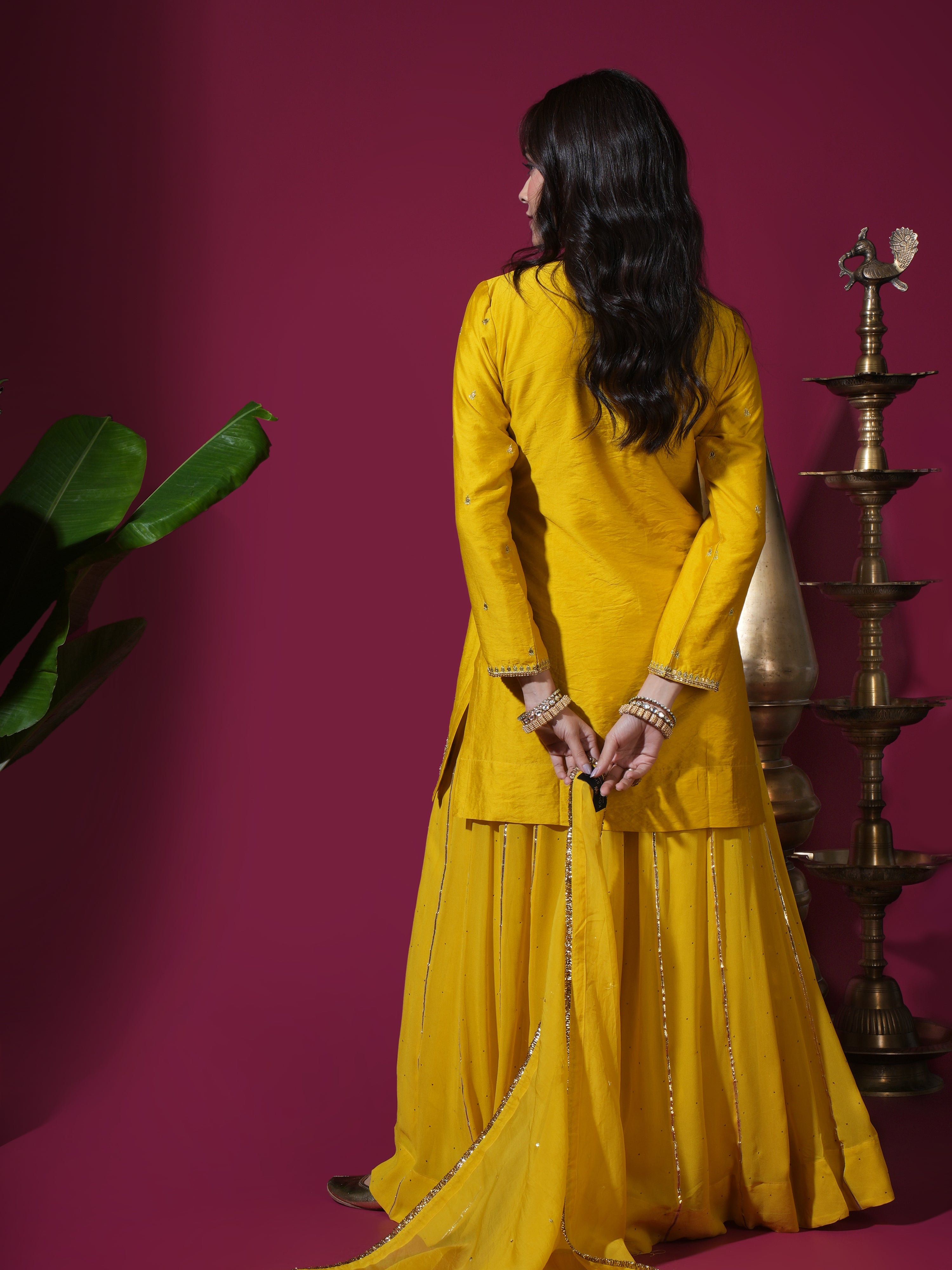 Mustard Flower Short Kurta Badla Palazzo Set
