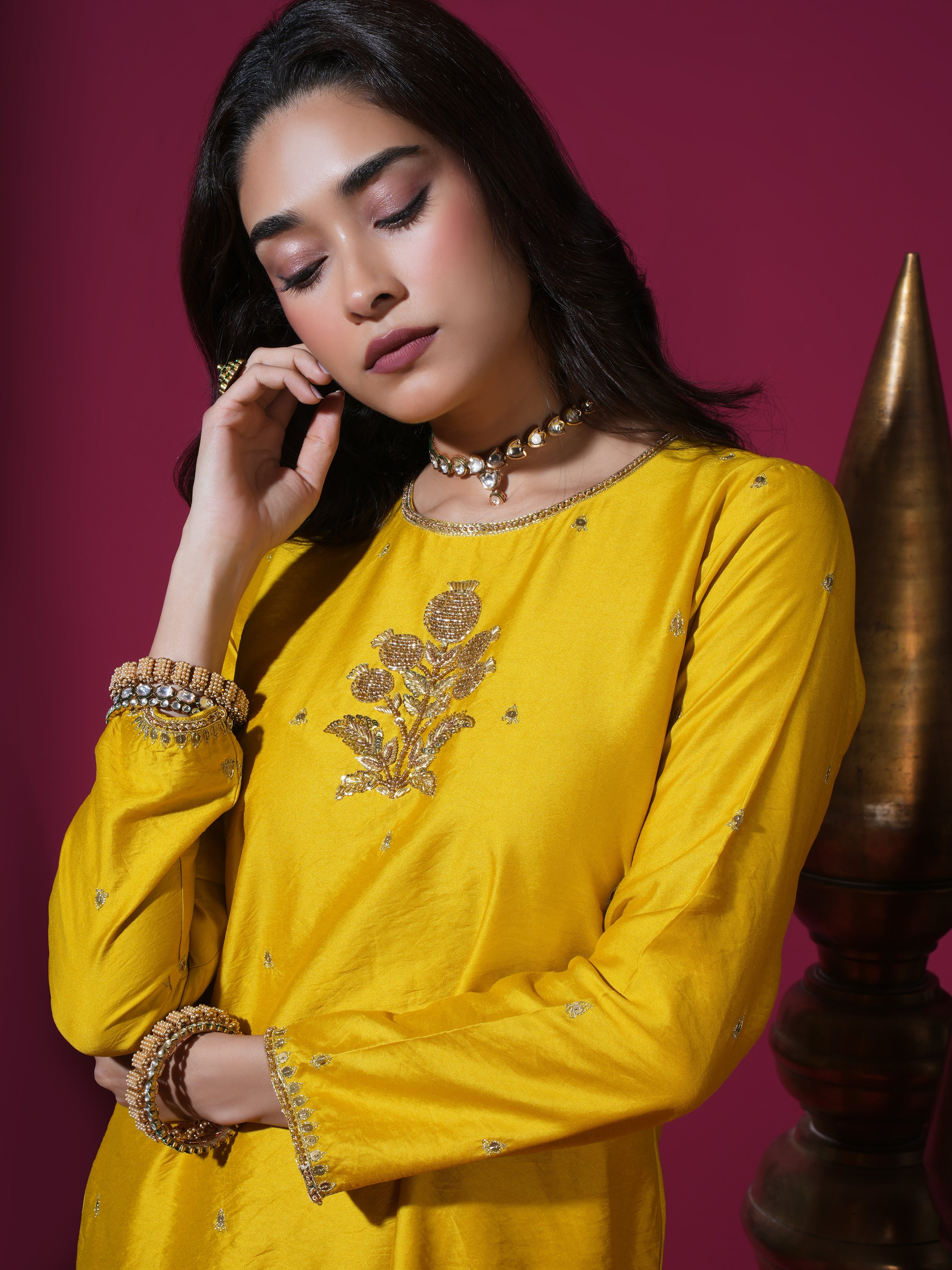 Mustard Flower Short Kurta Badla Palazzo Set