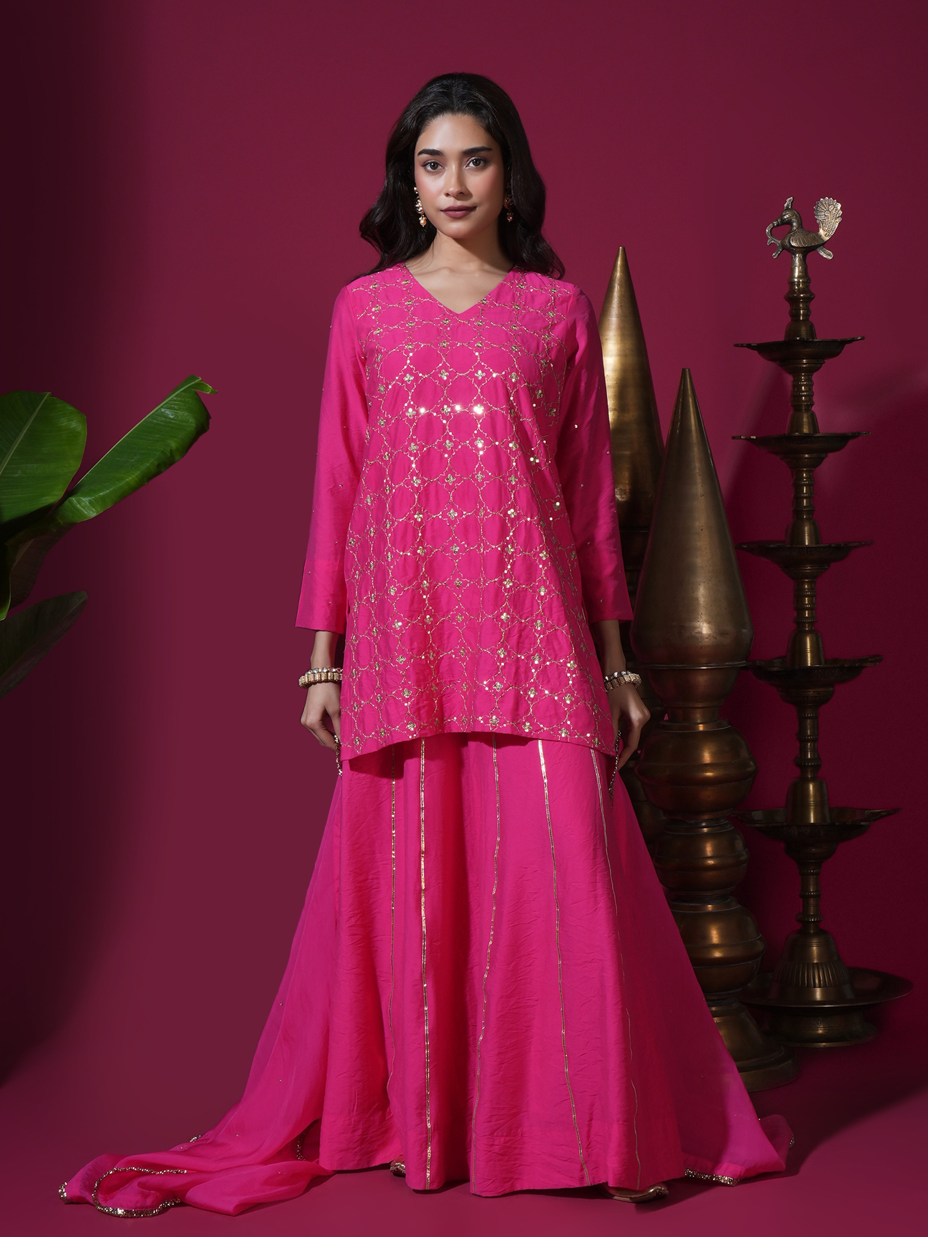 Pink Geometric Jaal Short Kurta Palazzo Set