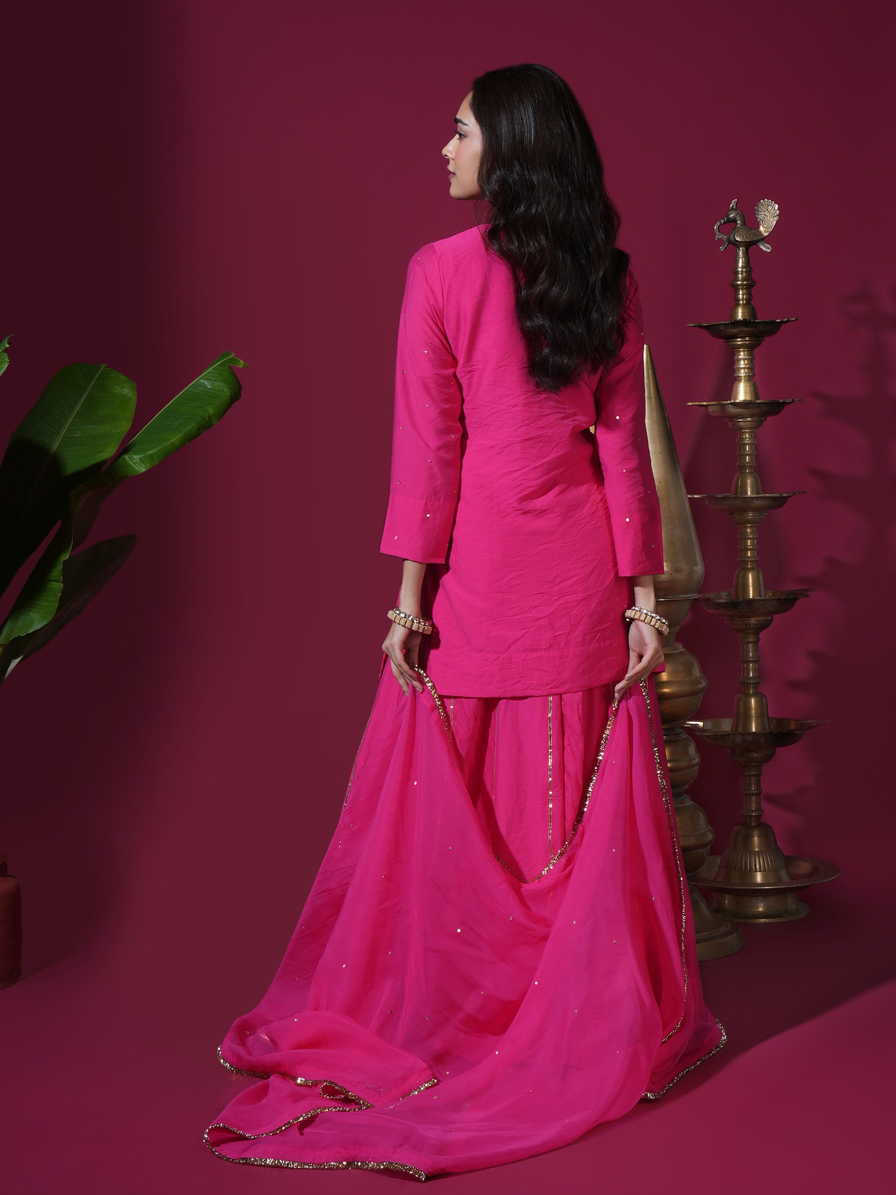 Pink Geometric Jaal Short Kurta Palazzo Set