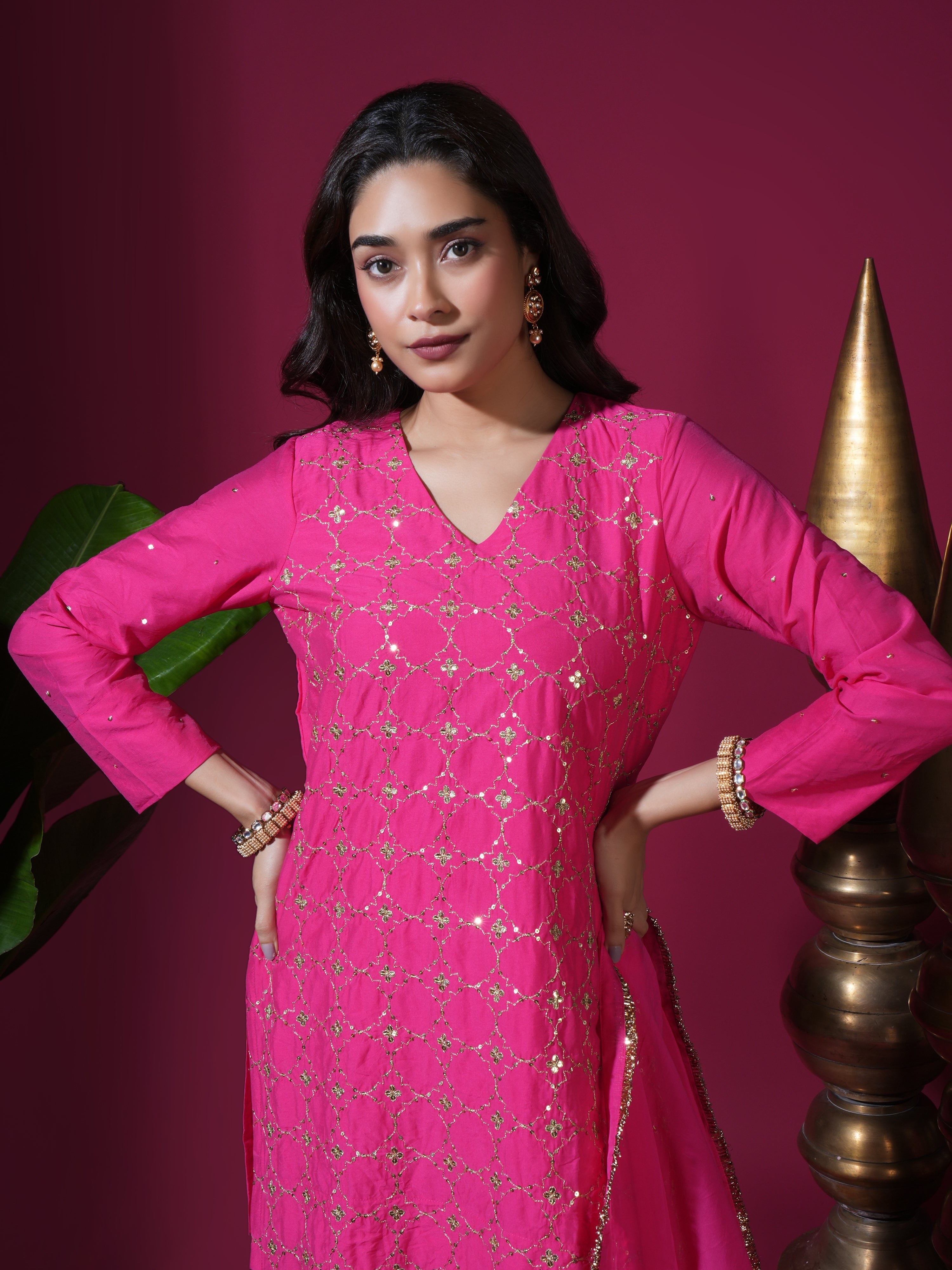 Pink Geometric Jaal Short Kurta Palazzo Set