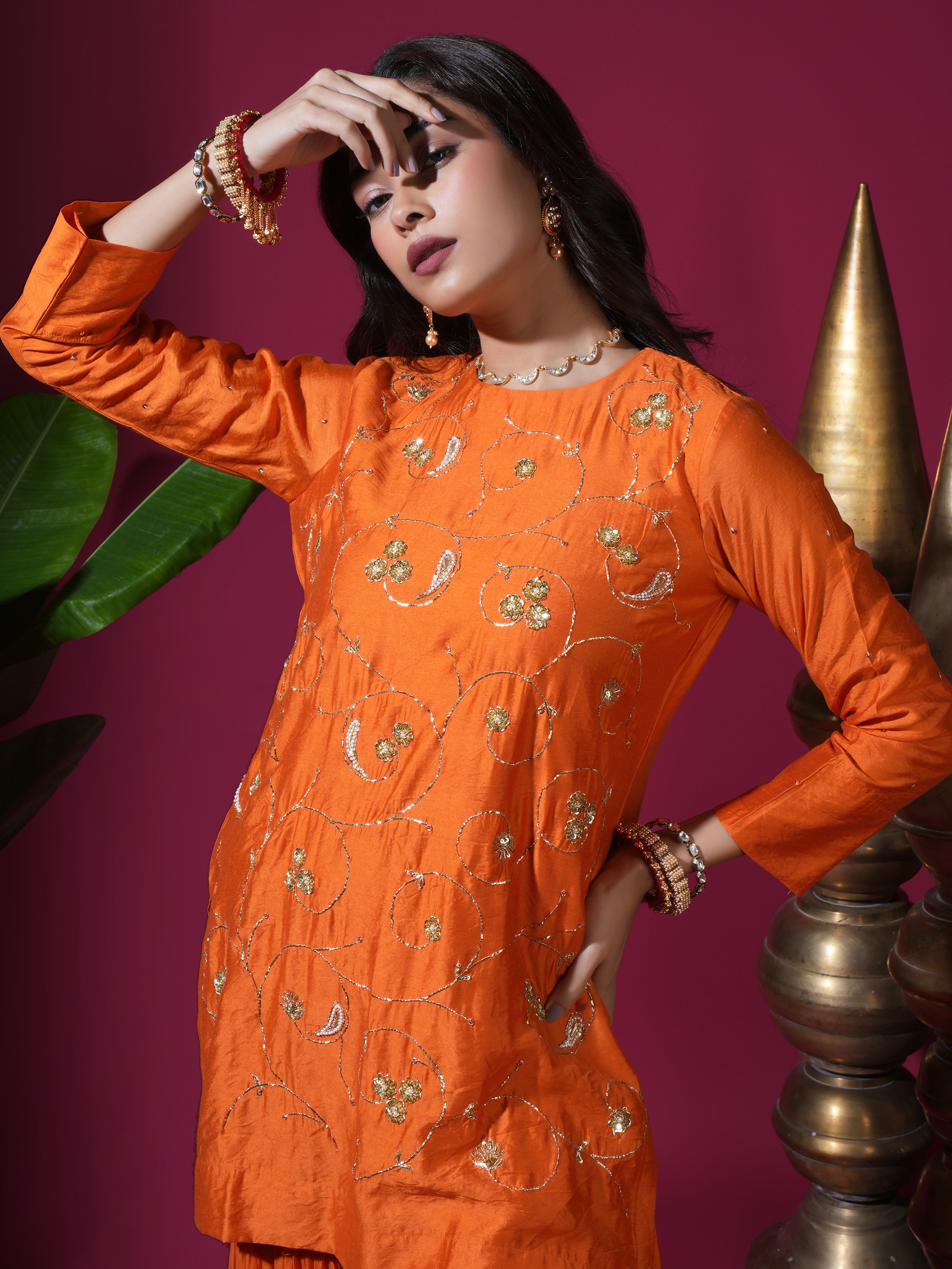 Orange Floral Jaal Kurta Garara Set