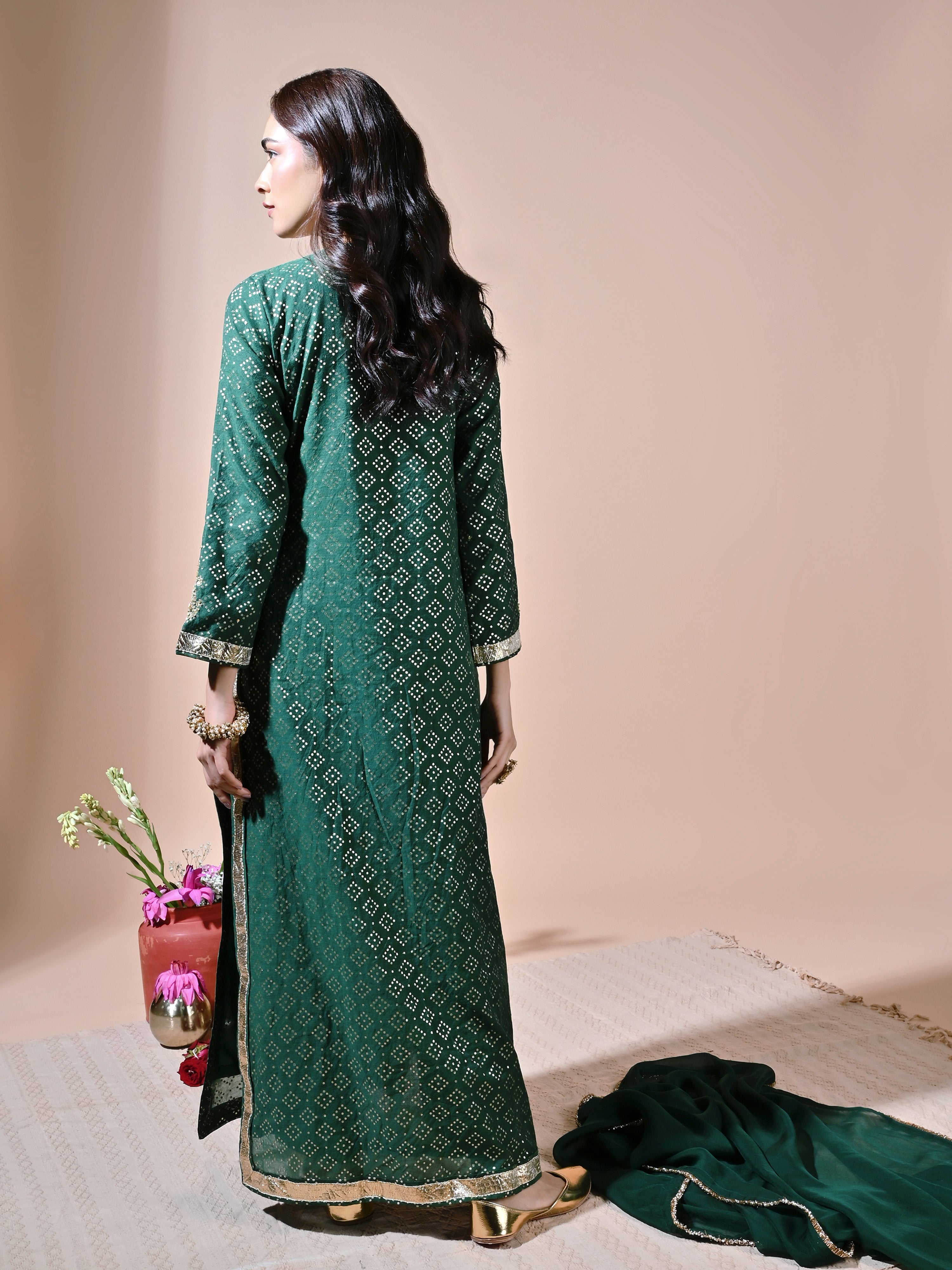 Bottle Green Zari Butta Kaftan Kurta Set