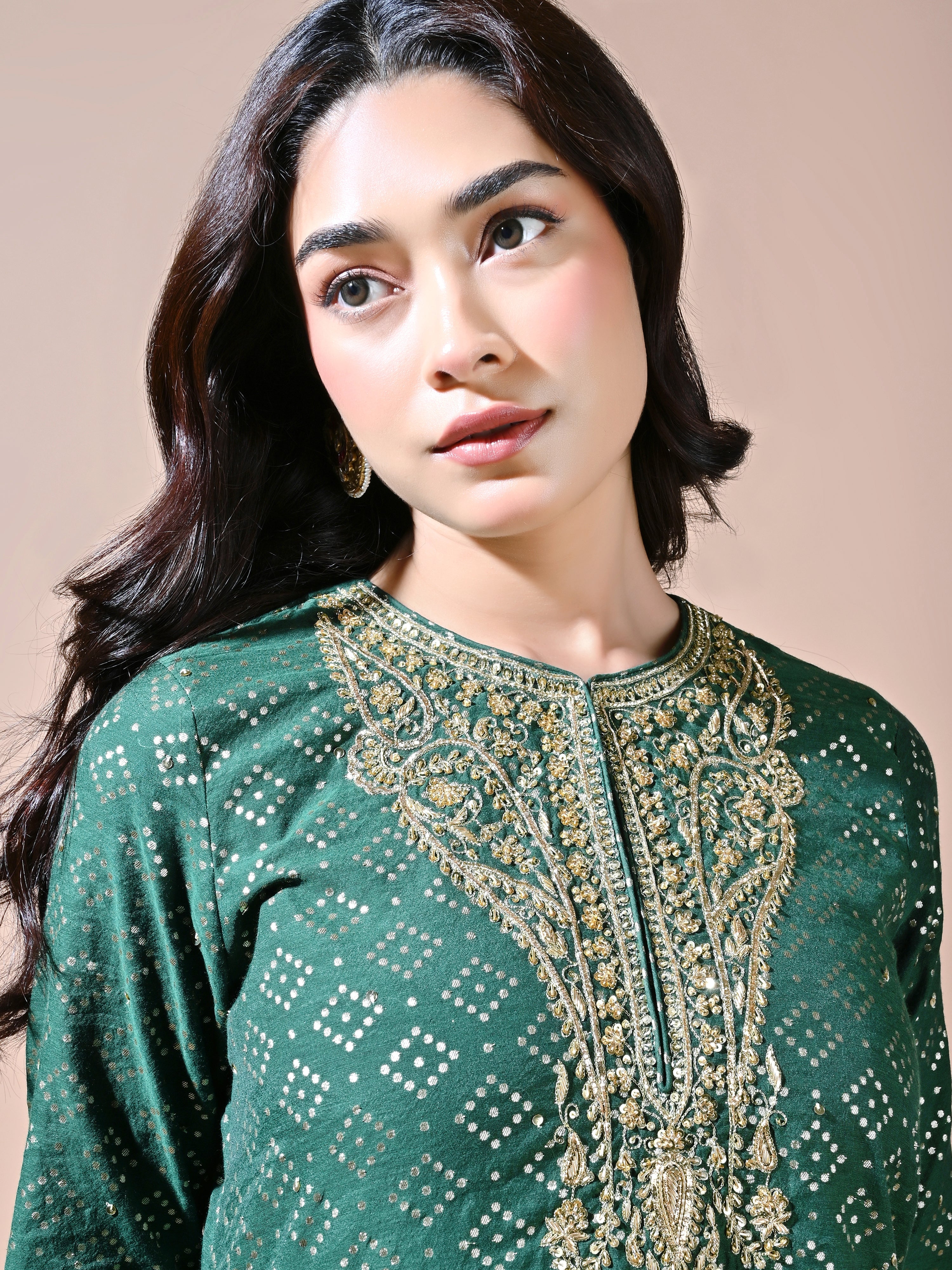 Bottle Green Zari Butta Kaftan Kurta Set