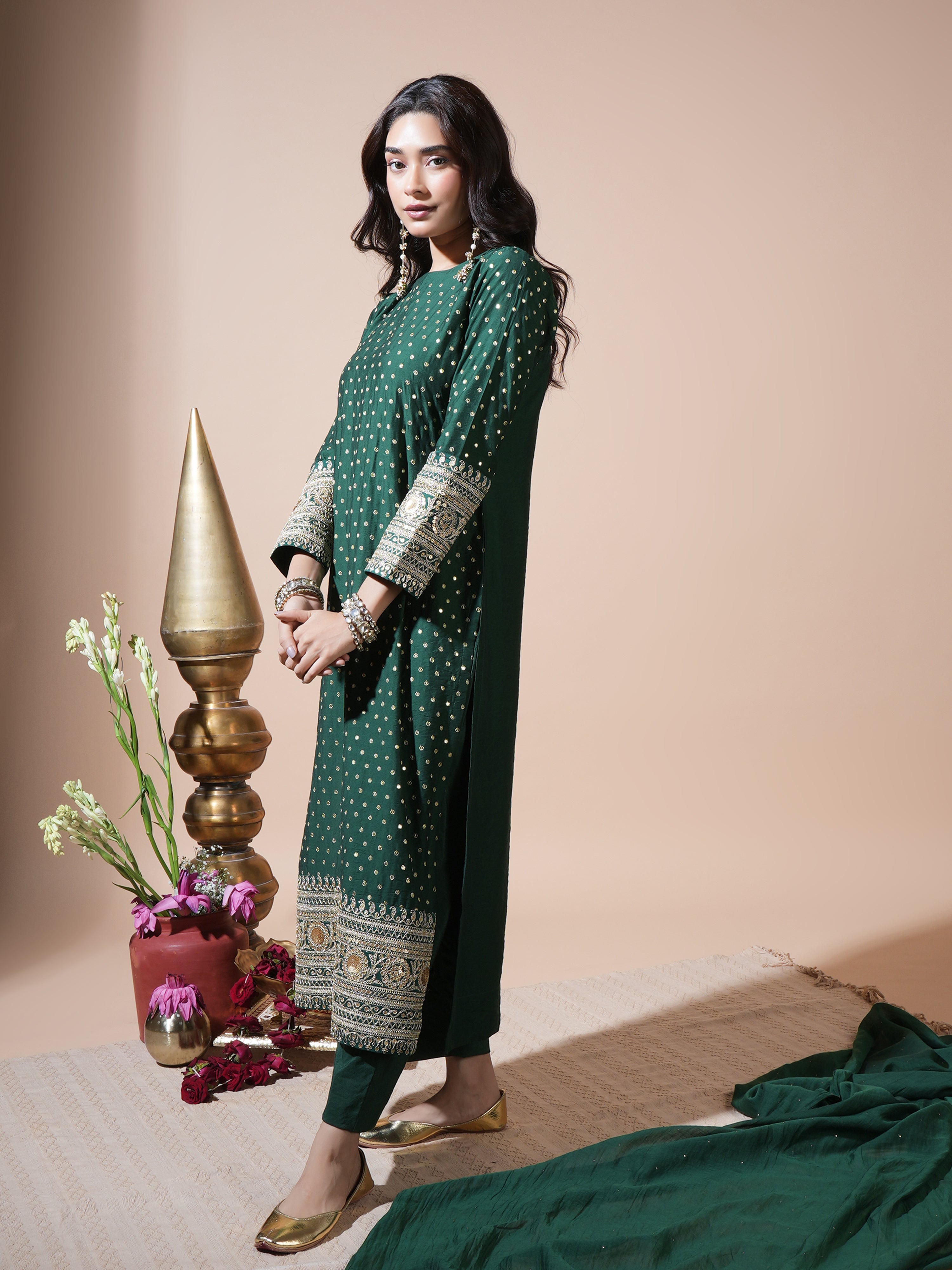 Bottle Green Sequence Long Kurta Set