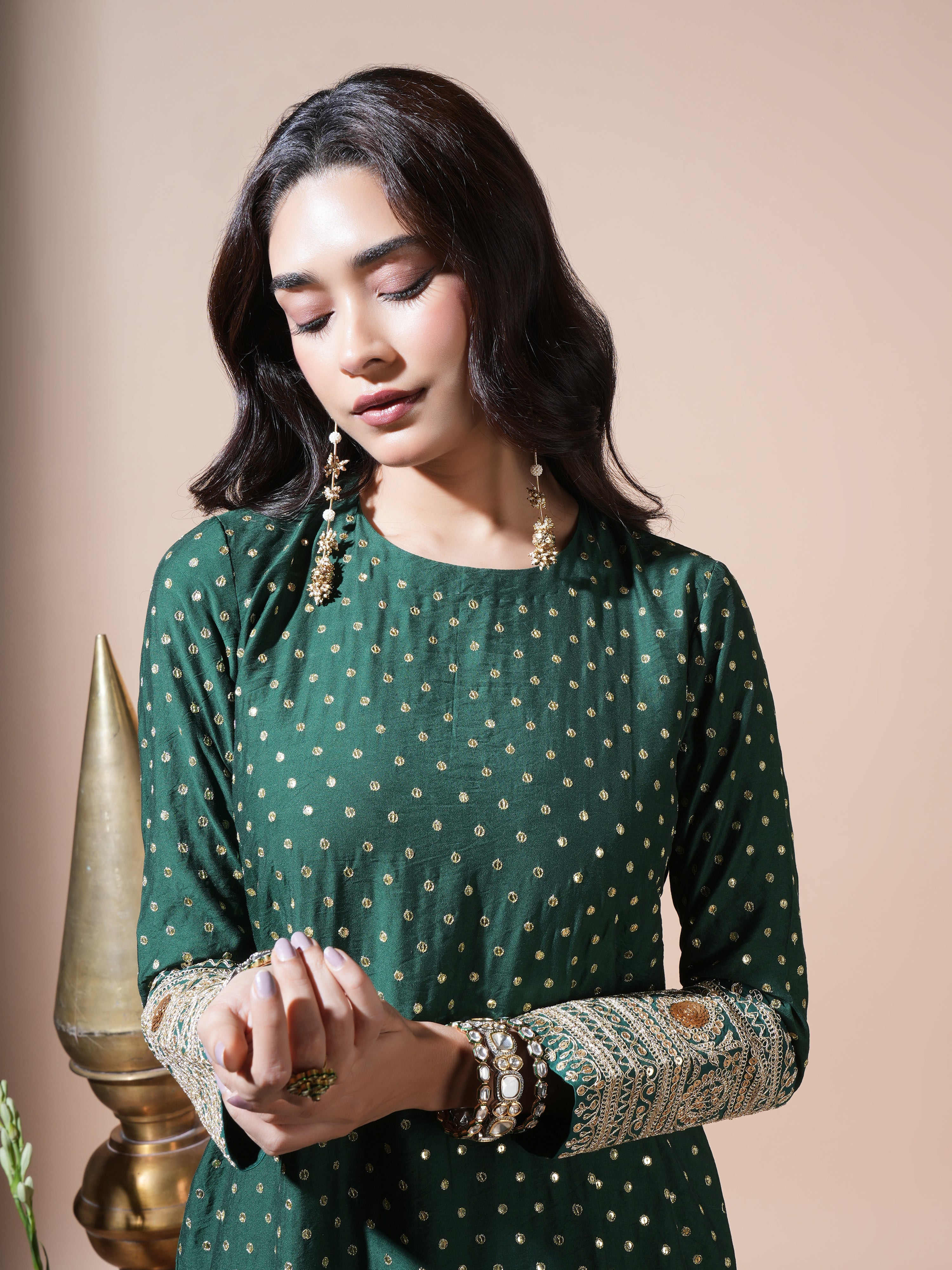 Bottle Green Sequence Long Kurta Set