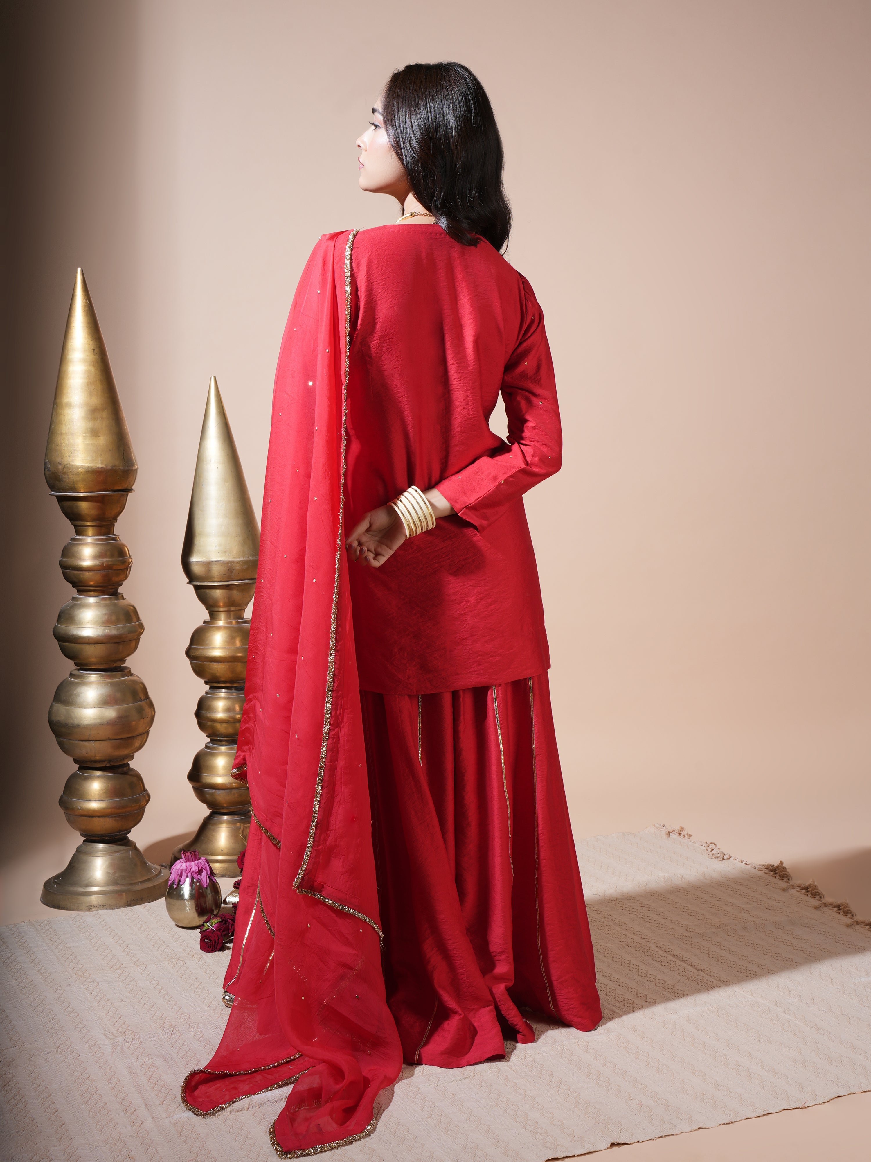 Red Geometric Jaal Short Kurta Palazzo Set