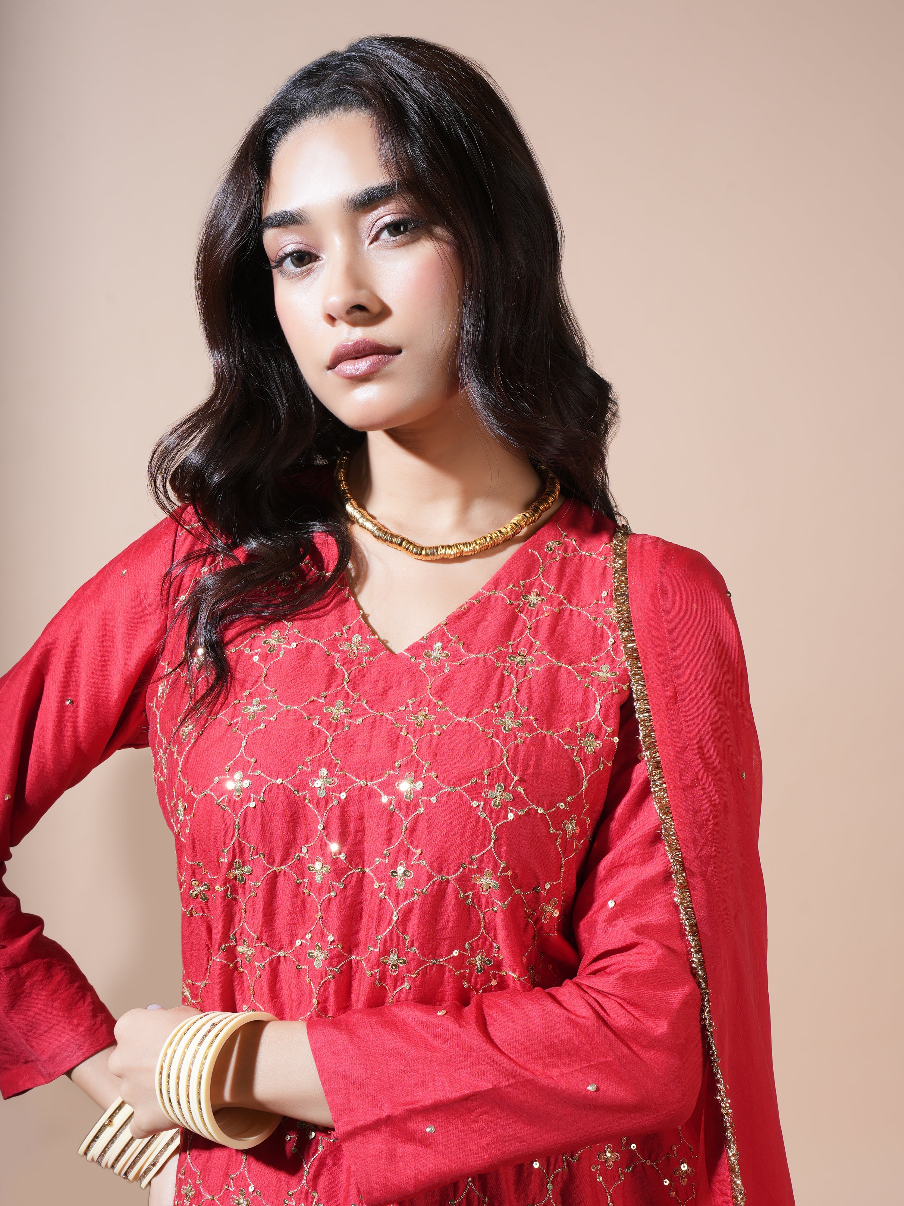 Red Geometric Jaal Short Kurta Palazzo Set