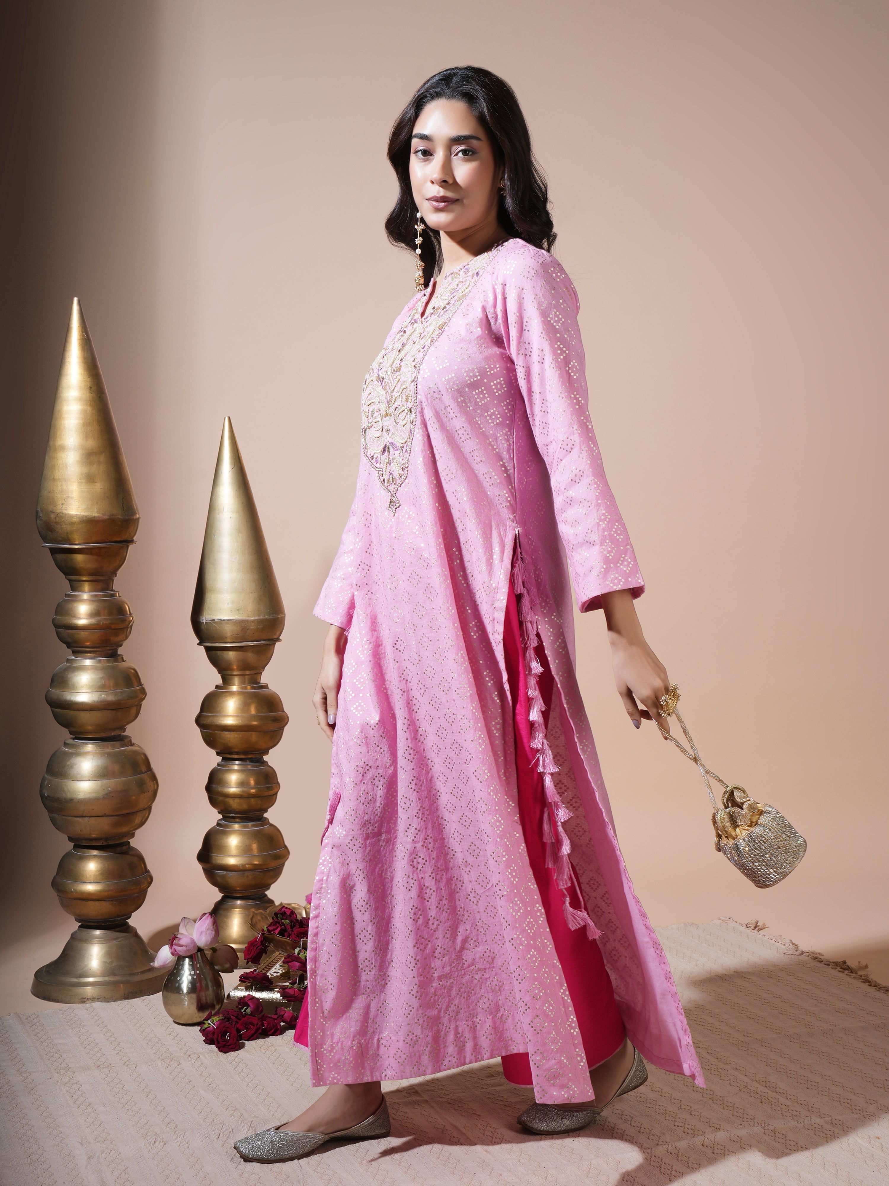 Pink Zari Butta Kaftan Kurta Set