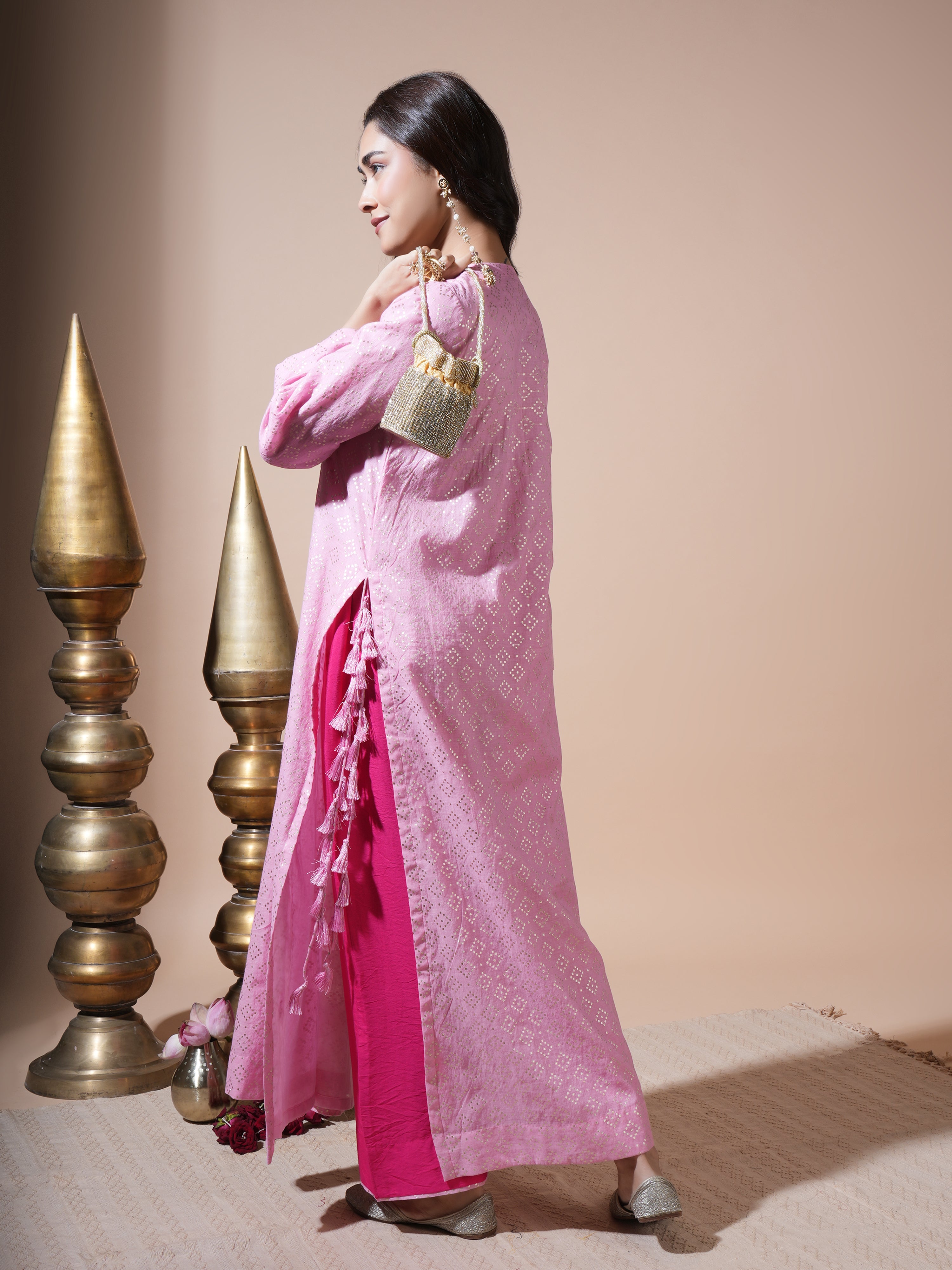 Pink Zari Butta Kaftan Kurta Set