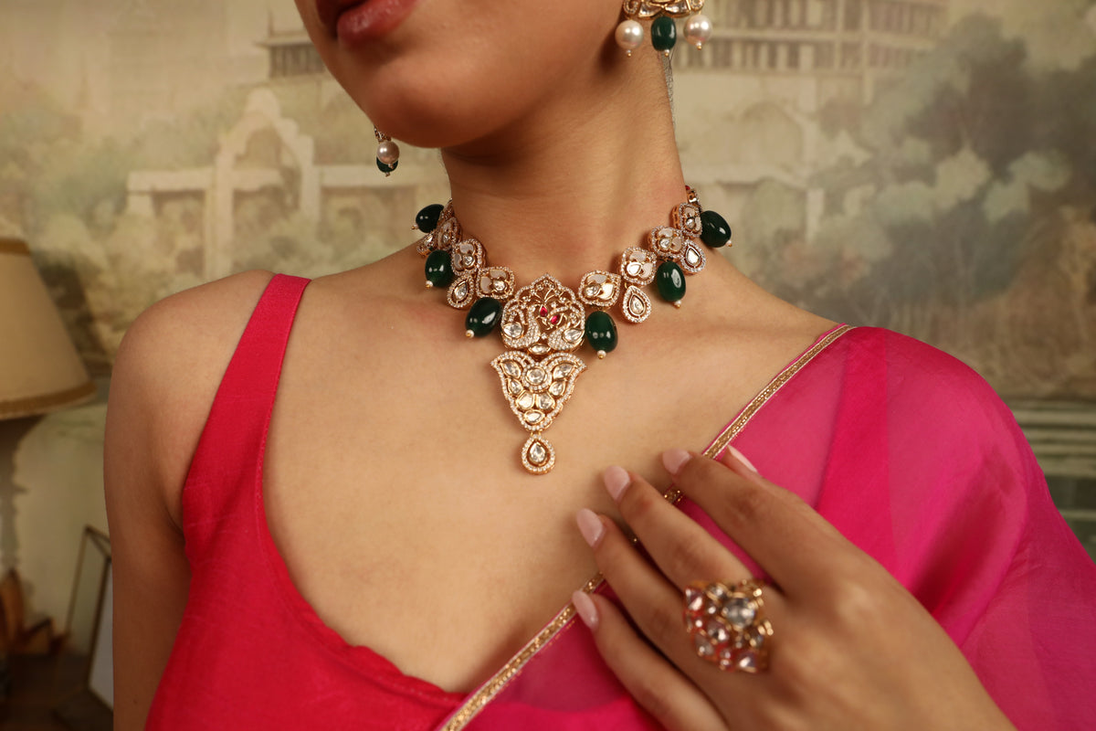 Xago Designer Polki Emerald Accents Gold-Plated Peacock Motif Necklace Set