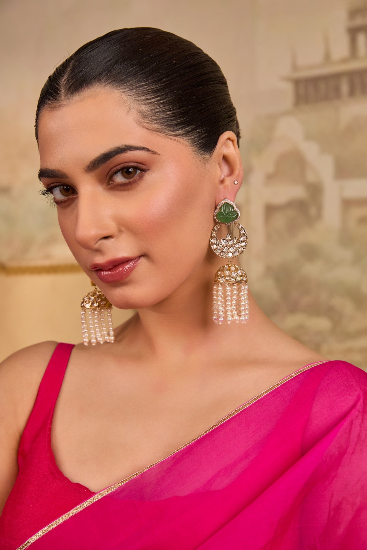 Xago Contemporary Gold-Plated Chandbali Jhumka Earrings with Coral green Inlays and Pearl Tassels