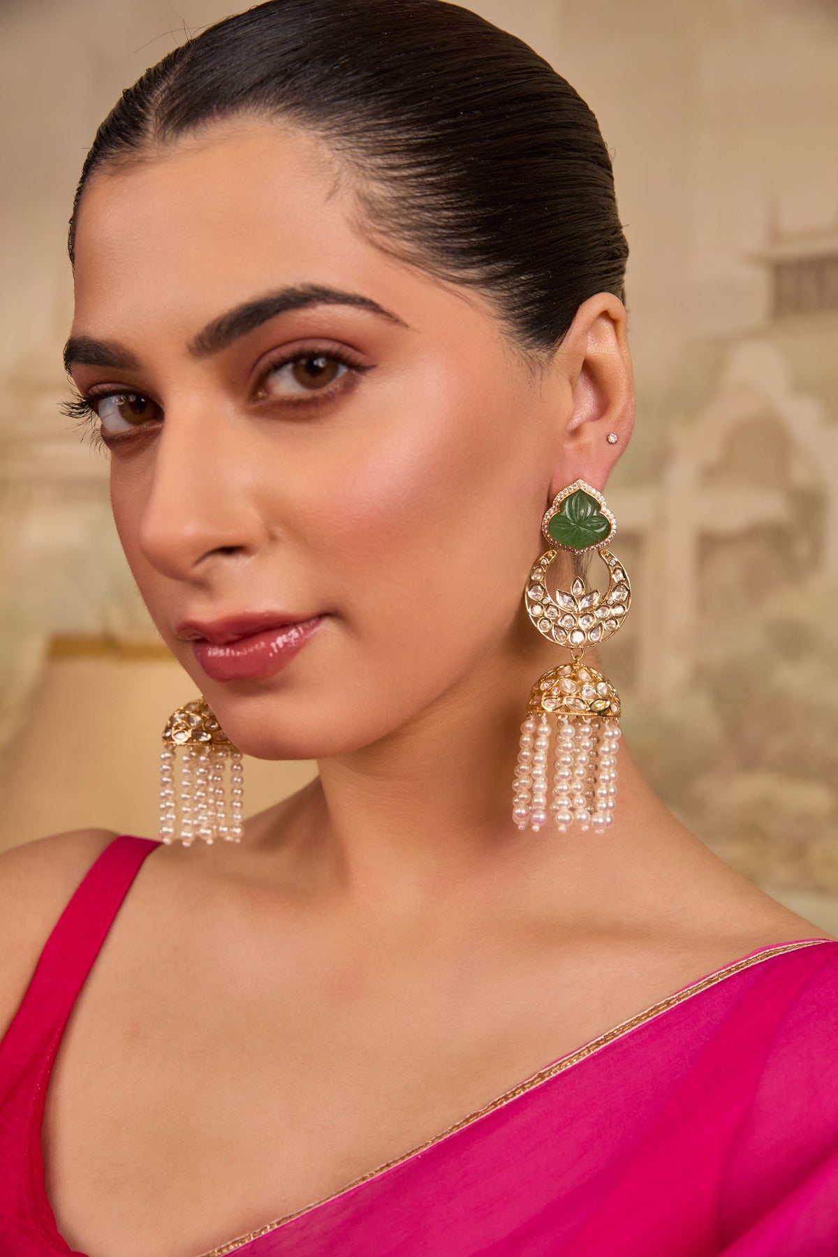Xago Contemporary Gold-Plated Chandbali Jhumka Earrings with Coral green Inlays and Pearl Tassels