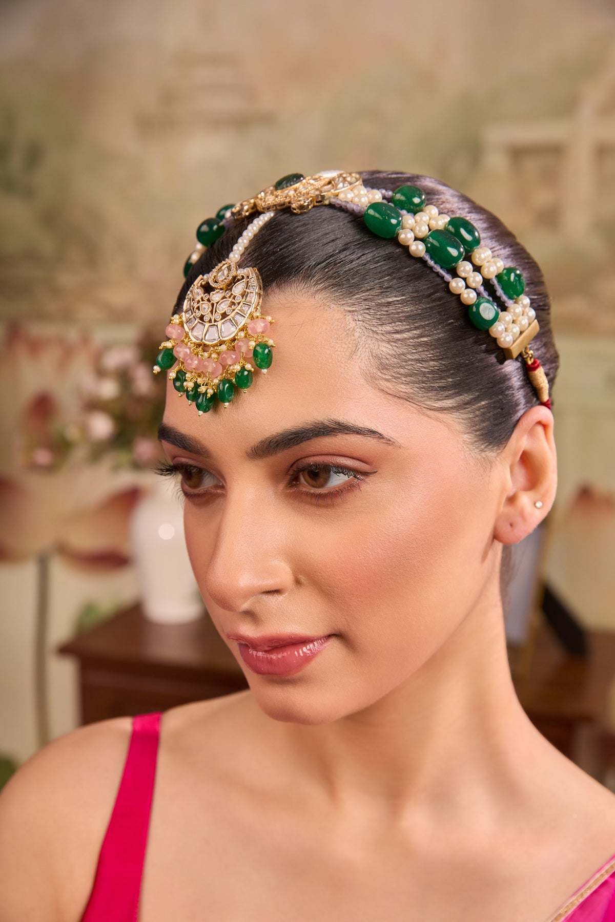 Xago Pearl & Green Bead Traditional Maang Tikka