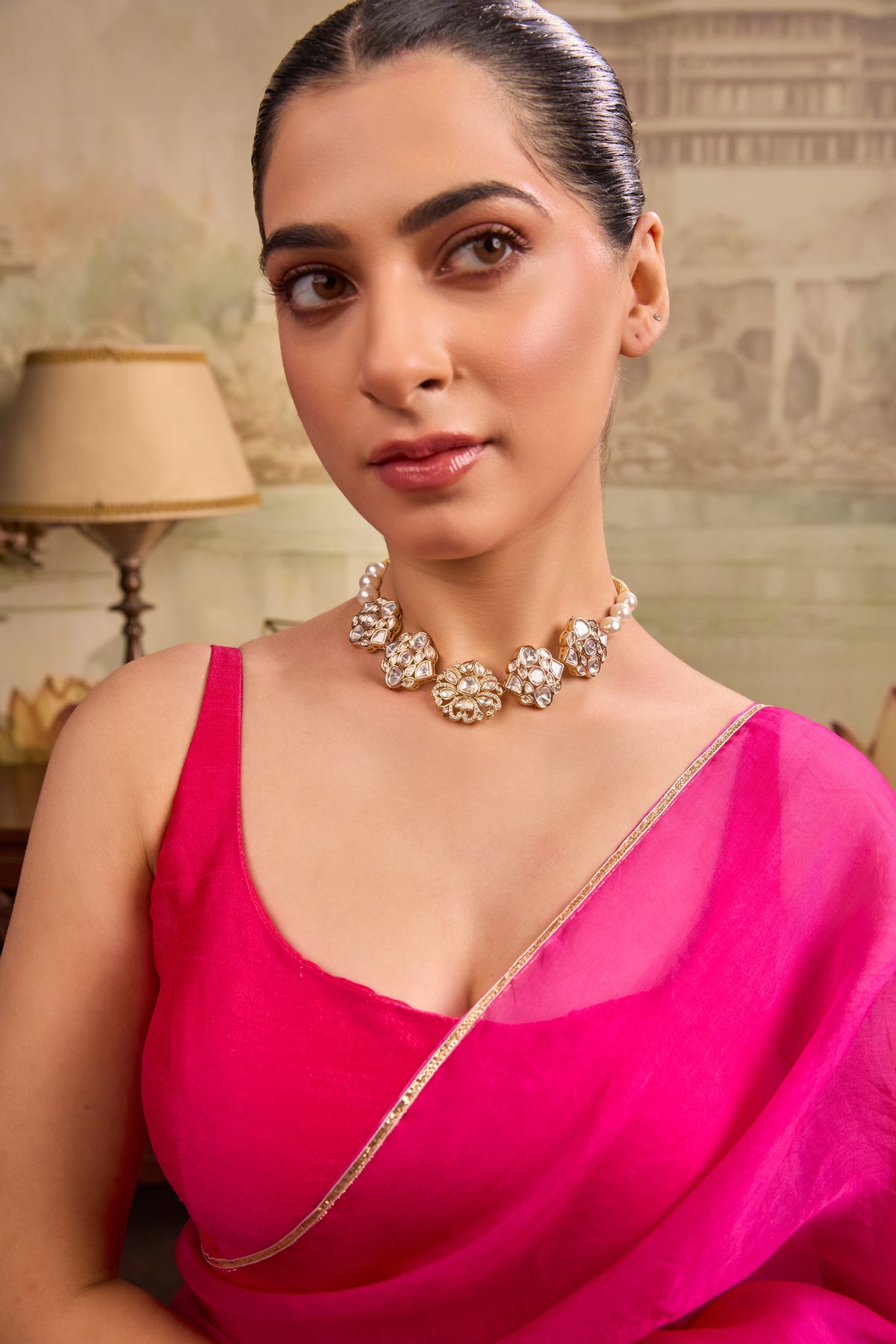 Xago Elegant Crystal Flower Motif Pearl Strand Choker Necklace