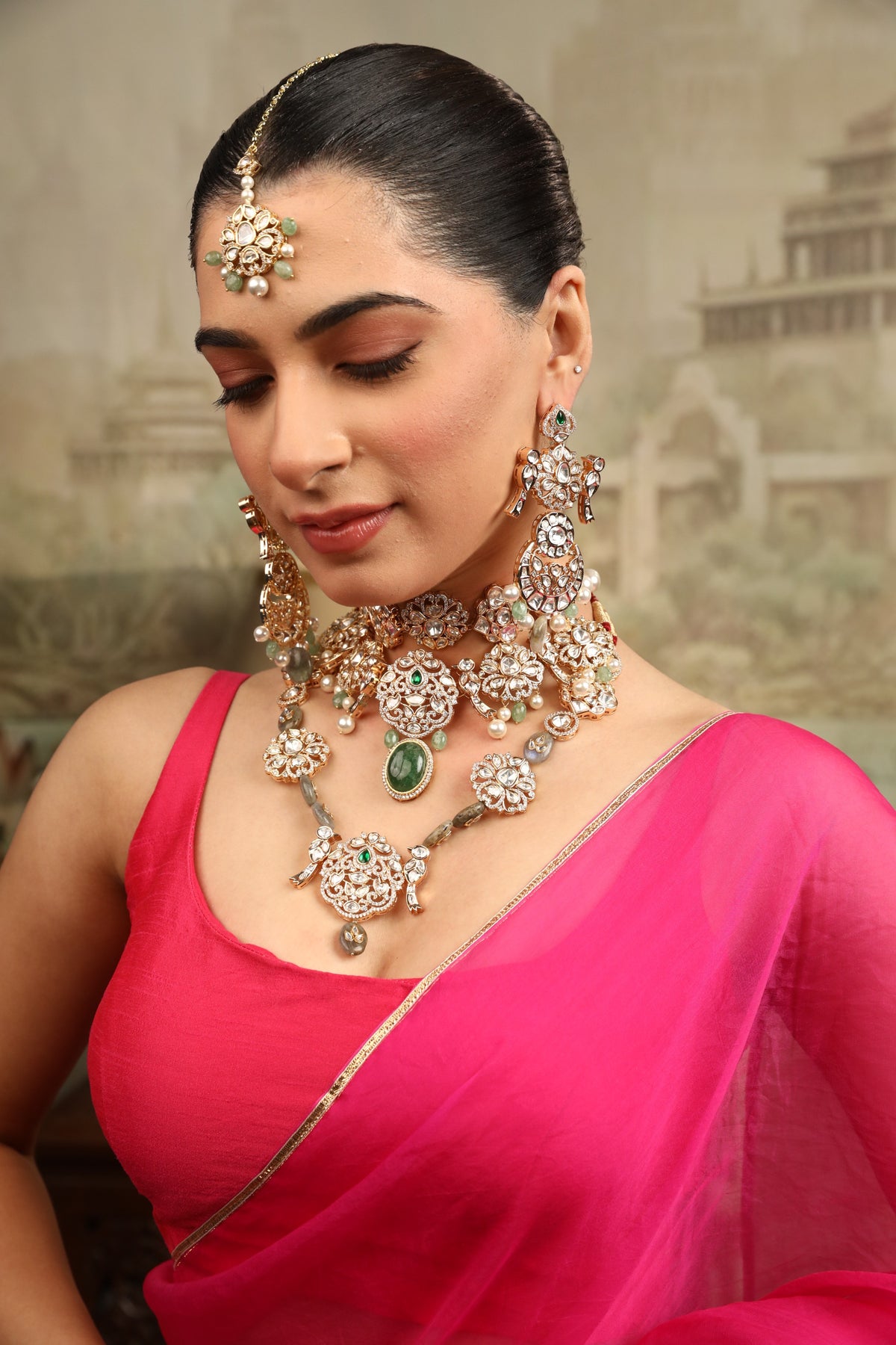 Xago Traditional Kundan Floral Maang Tikka with Green Beads
