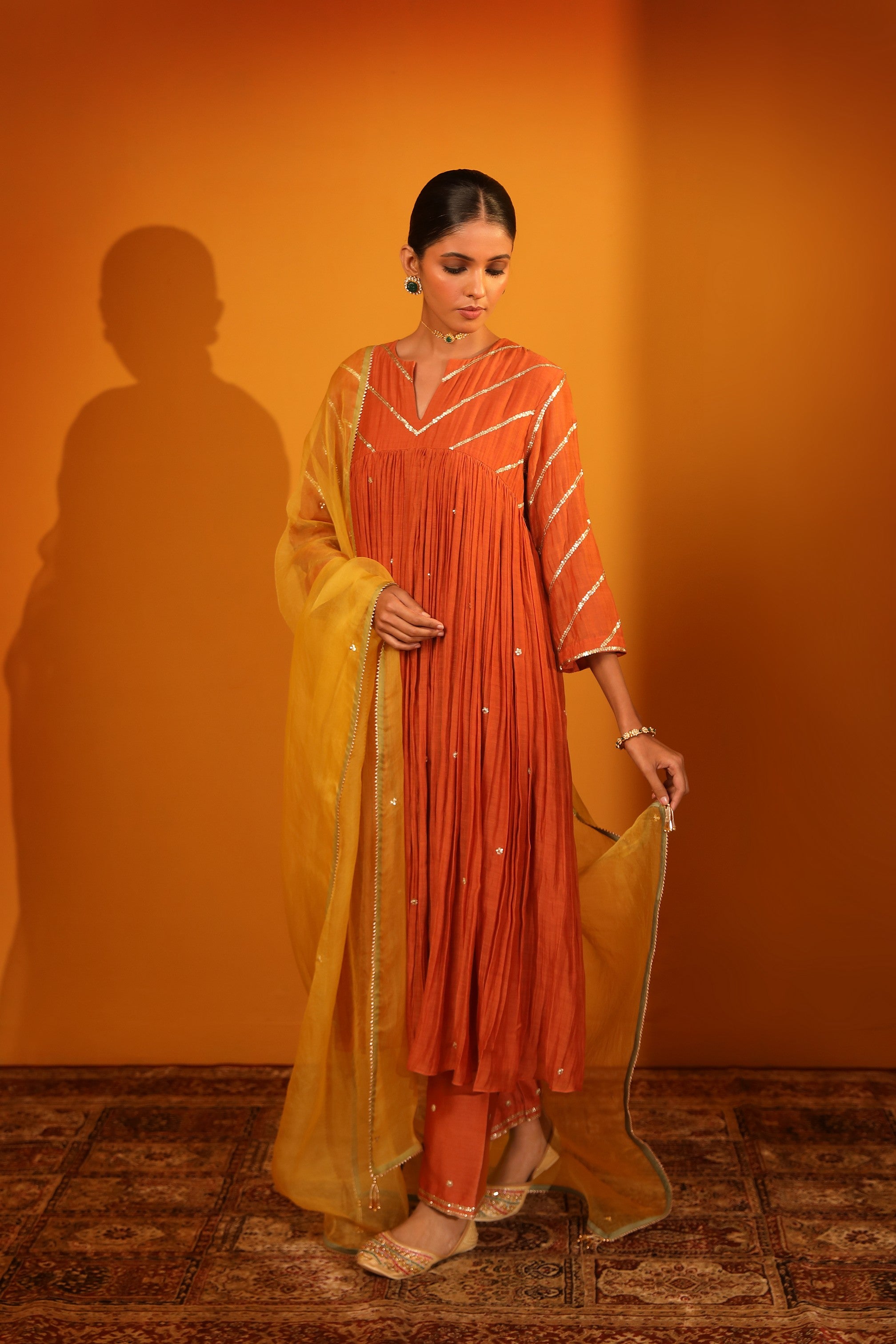 CHANDERI SILK RIVETING KURTA SET WITH PANTS AND DUPATTA