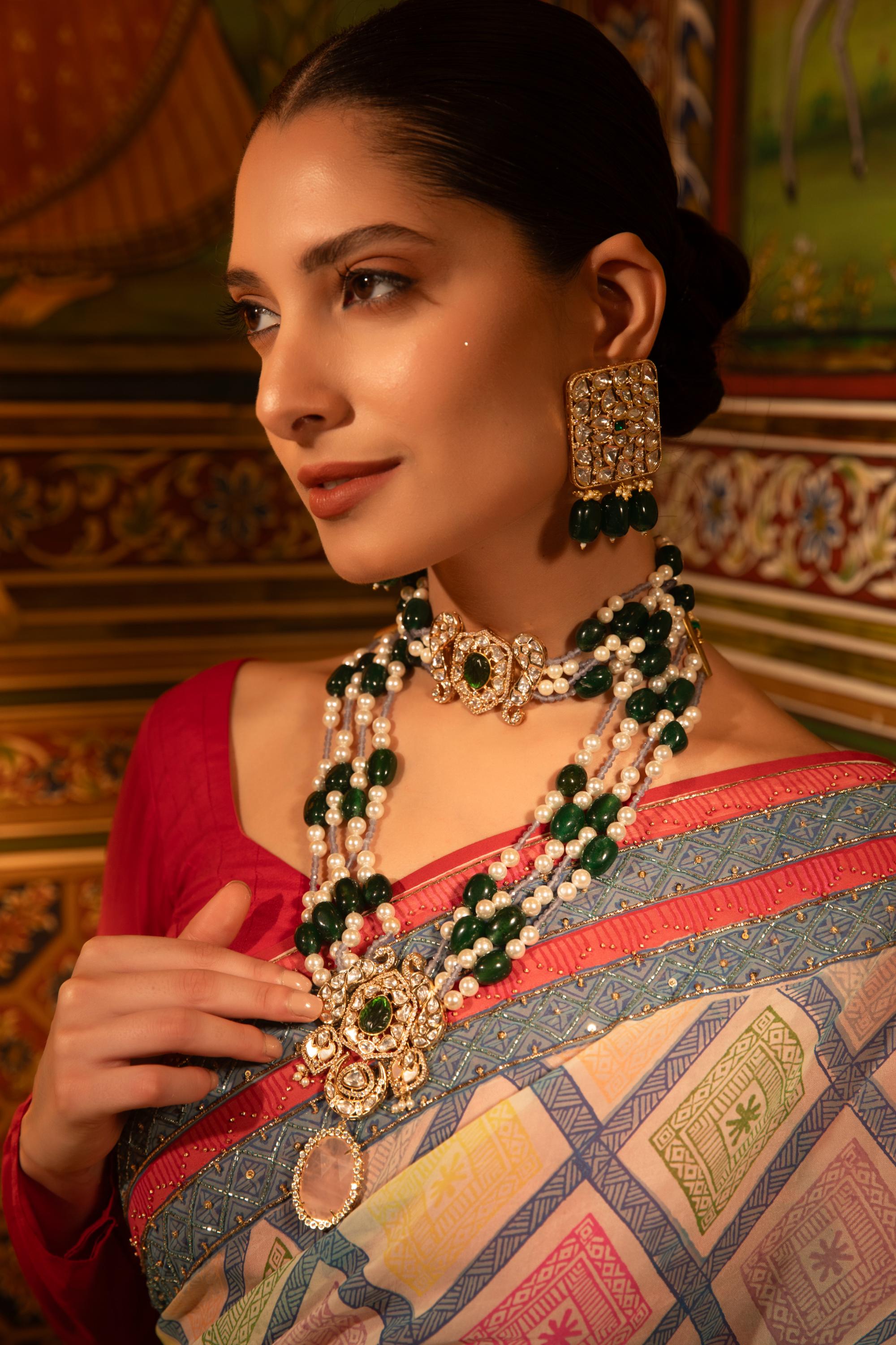 Xago Panna Jharna Long Necklace Set with Polki Moissanite, Emerald Beads & Pearls