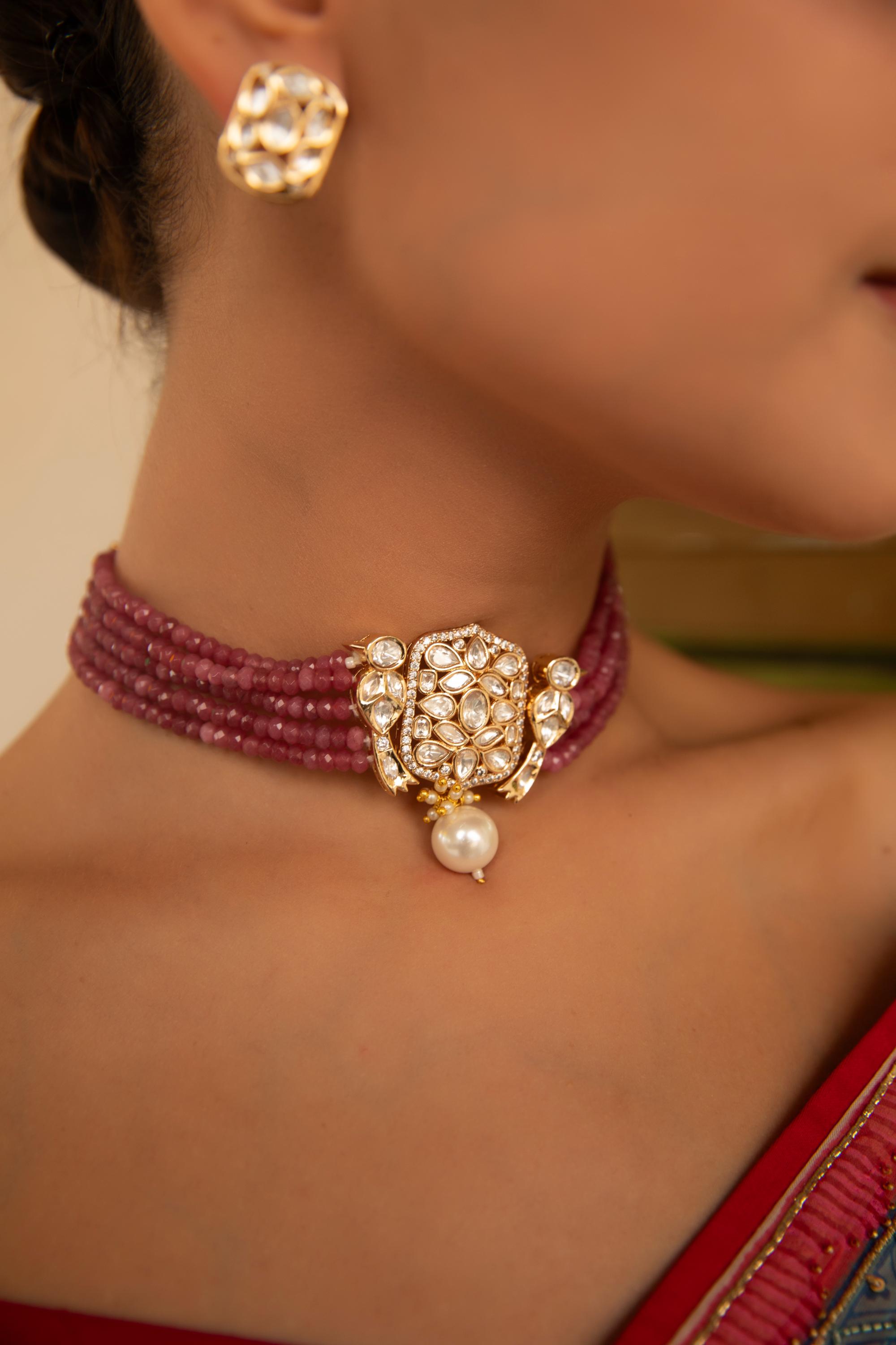 Kiran Sheesh Necklace Set with Ruby Beads & Polki Moissanite Pendant