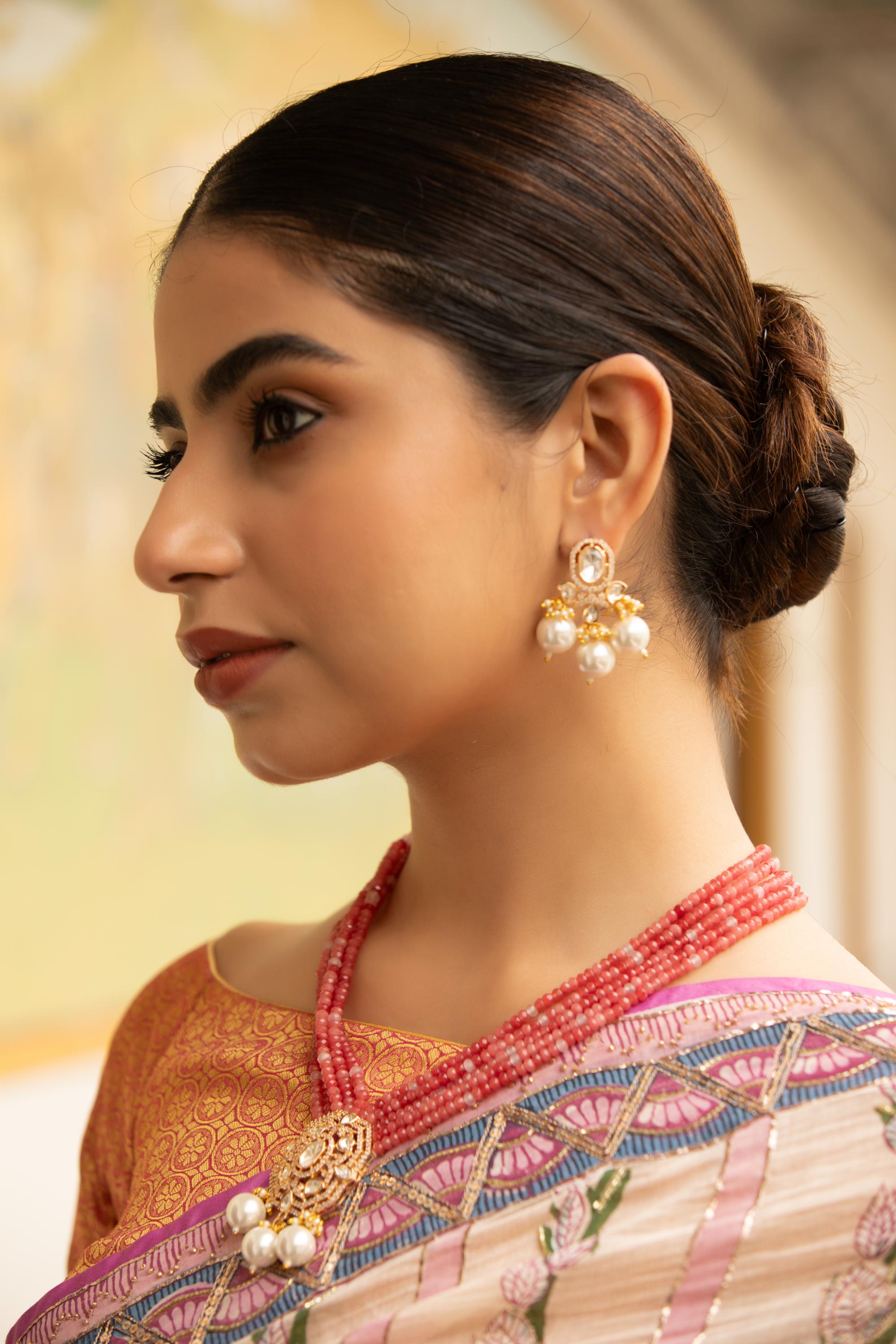 Noor-E-Deewan Necklace Set with Pink Beads & Green Polki Moissanite Pendant