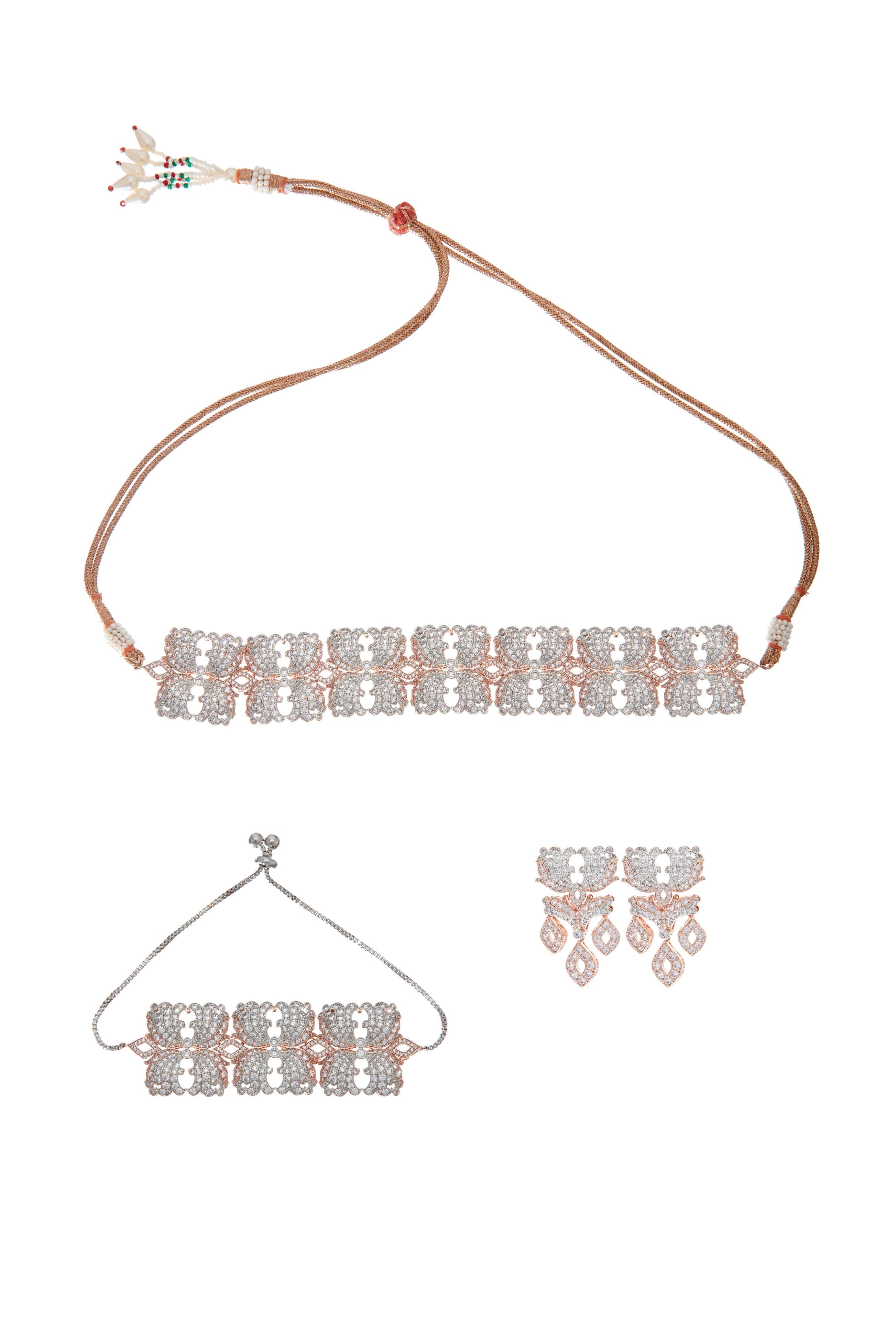 Rosegold and White Geometric Diamond Choker Set and Bracelet