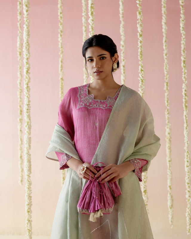 Peony Pink Tissue Kurta with
Narrow Pants & Dupatta - Set of 3
