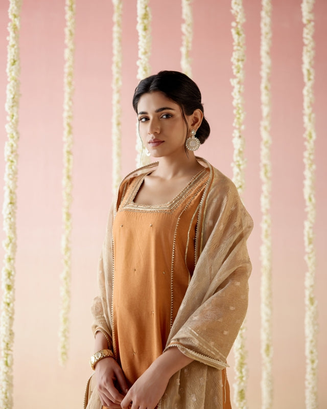 Dahlia Rust Gota Anarkali with
Wide Leg Pants & Dupatta - Set of 3