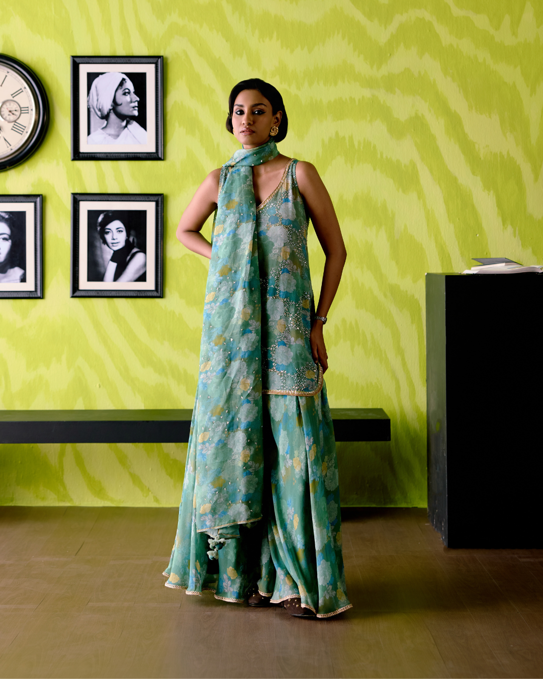 Green Apple Floral Print Short Kurta Set
