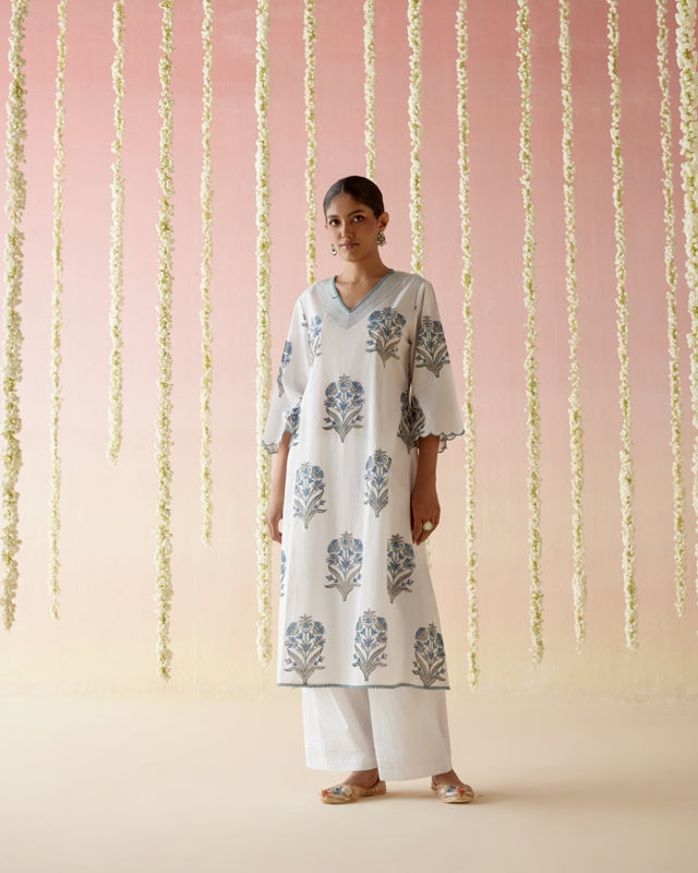 Salvia Blue Floral Buta Kurta with Wide Leg Pants- Set of 2
