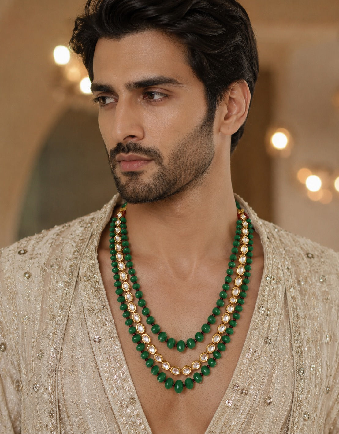 Three-Layered Kundan Green Beaded Mala