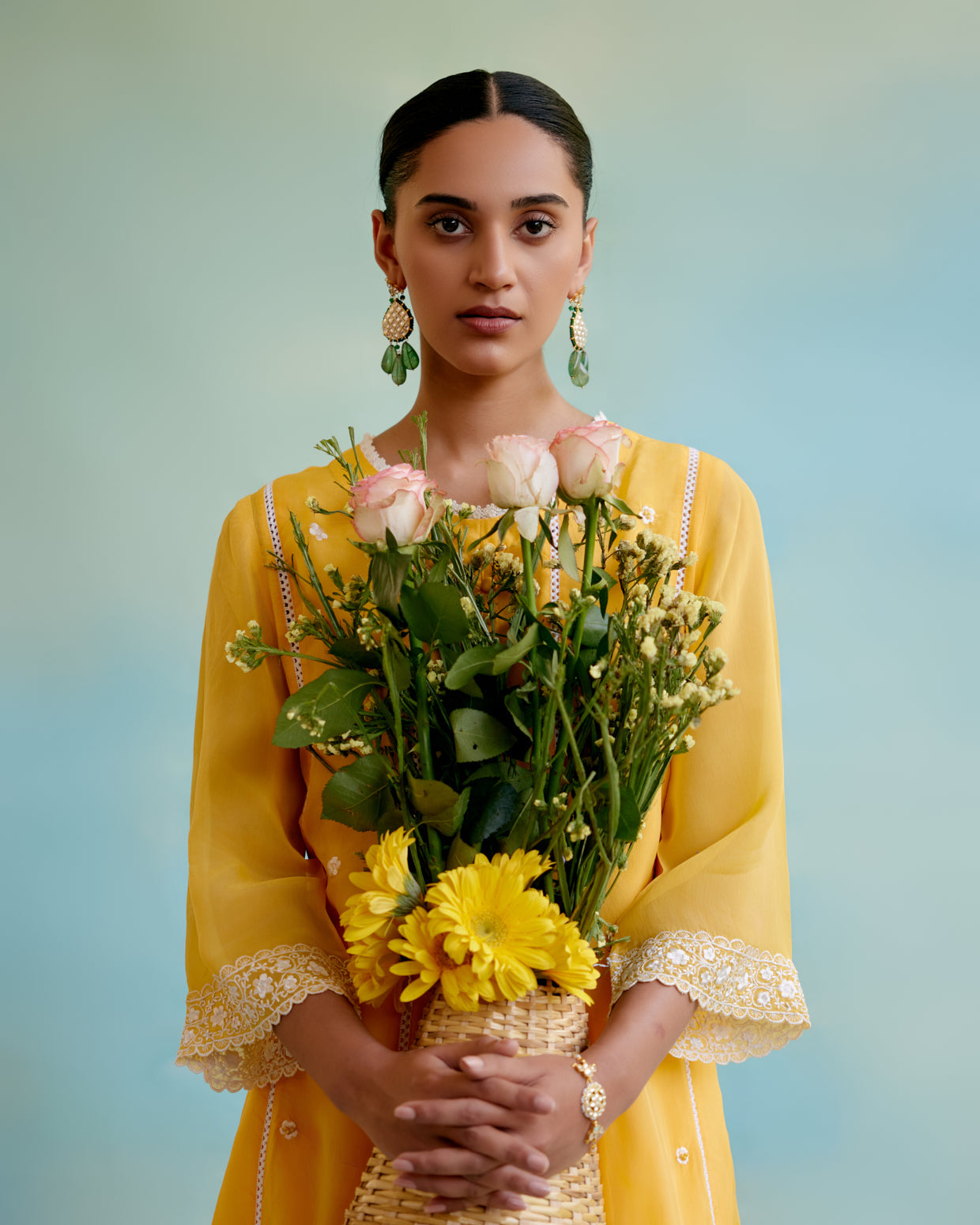 Misty Yellow Organza Anarkali Kurta with Lace Detailing and Floral Embroidery