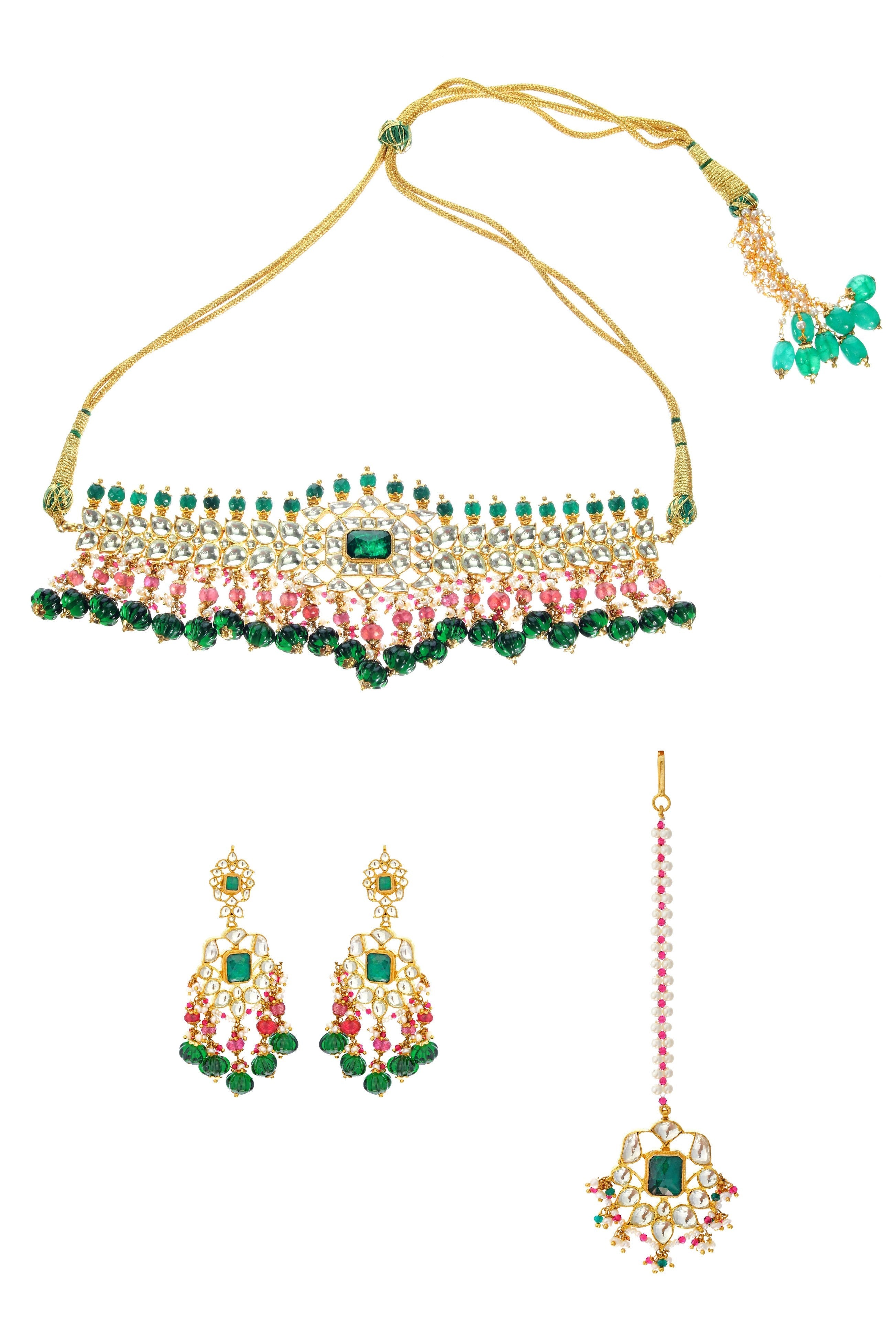Emerald and Ruby Open Polki Necklace Set
