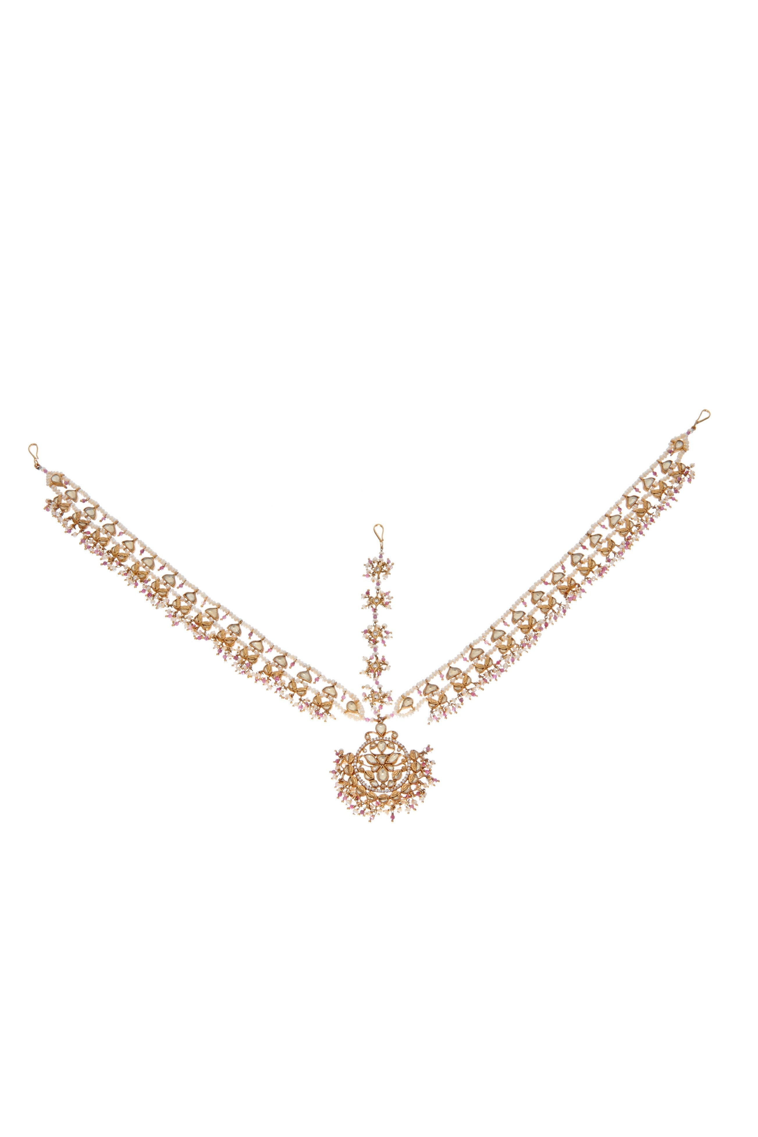 White and pink beaded Kundan Mathapatti