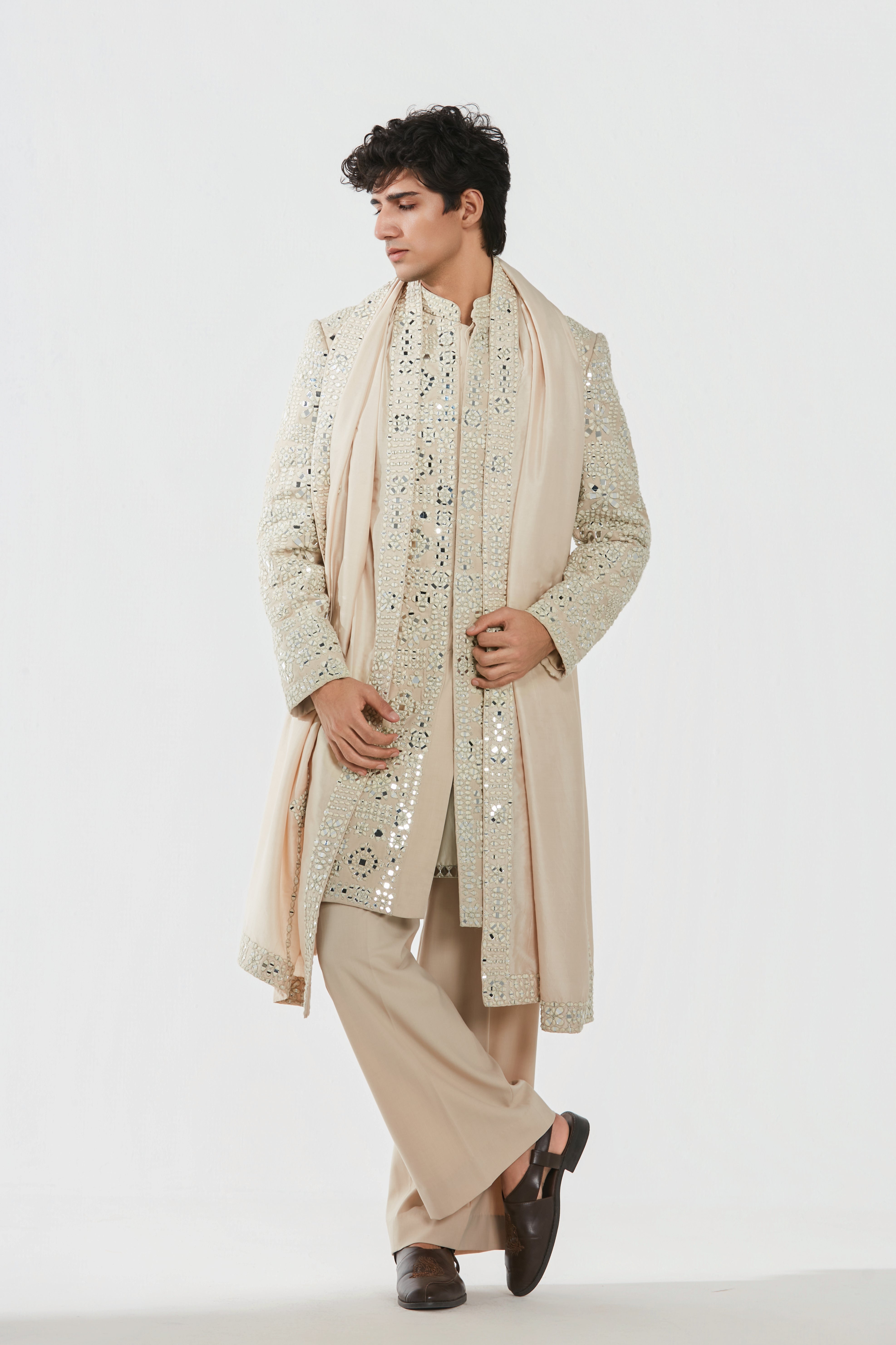 Sherwani -Neo tech , Kurta and stole heavy chanderi , Pant - Cotton twill
