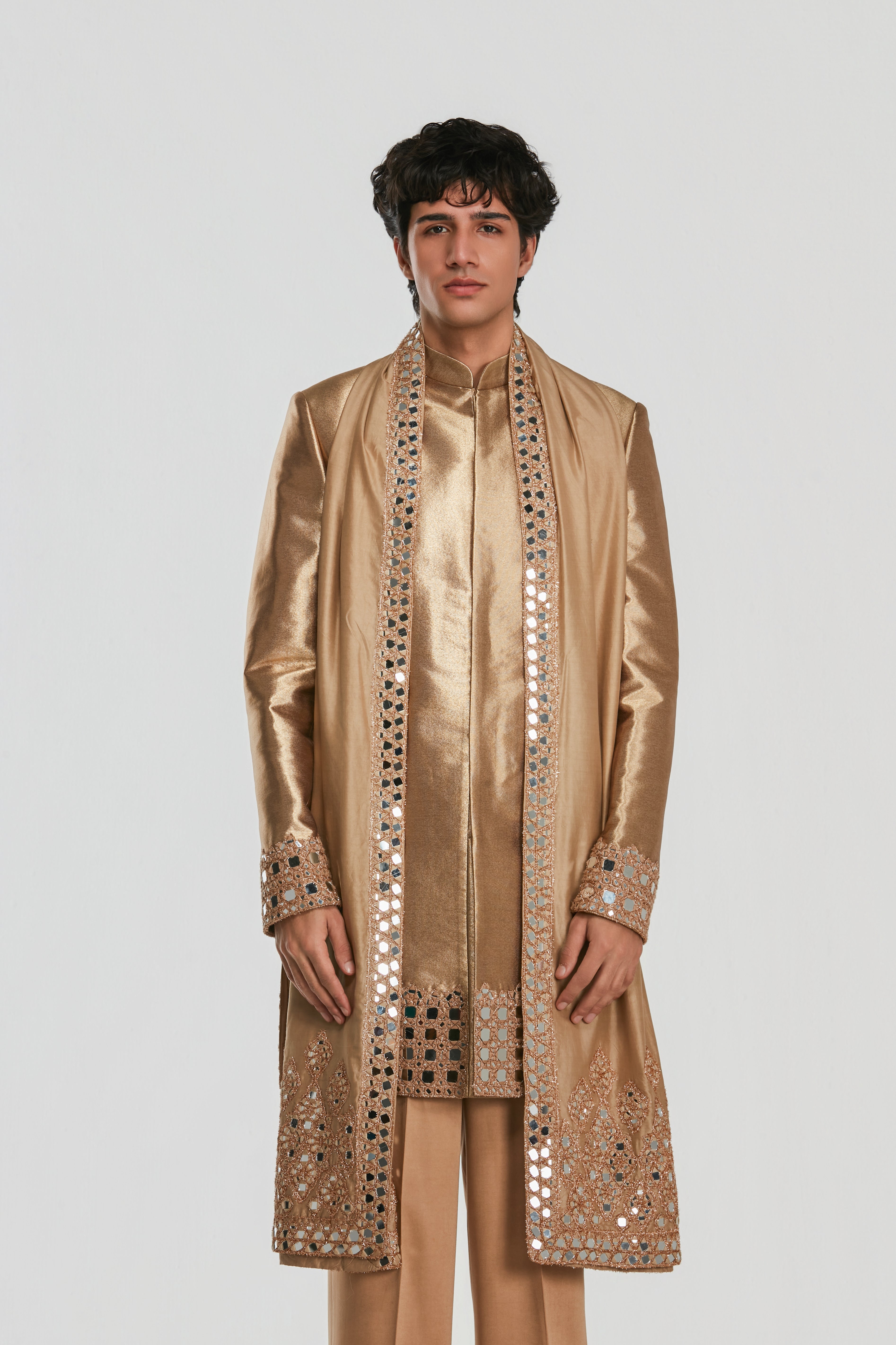 Kurta and stole - heavy chanderi ,sherwani - shimmer , pant -Cotton twill