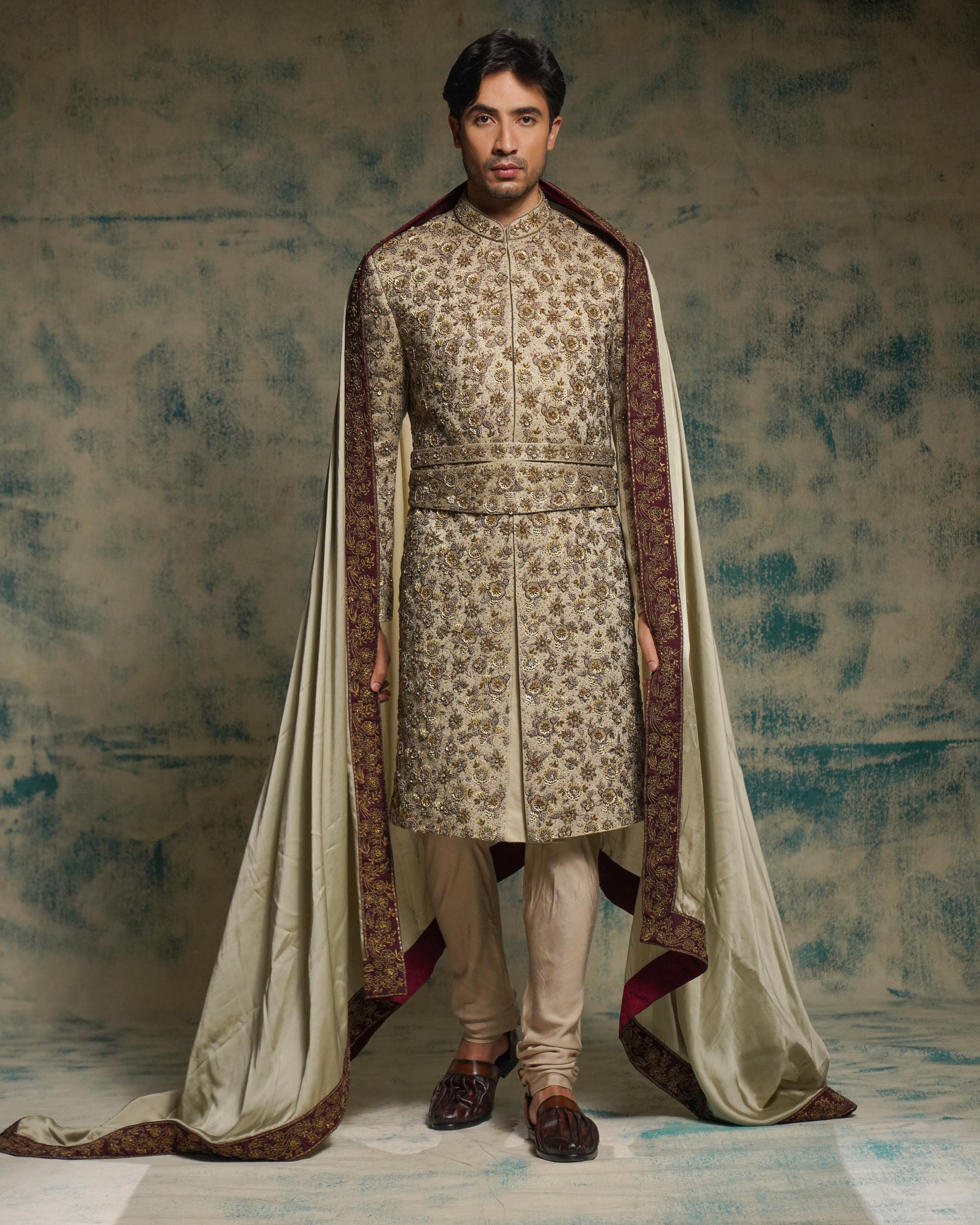 Sand Grey Linen Silk Embriodered Sherwani Set