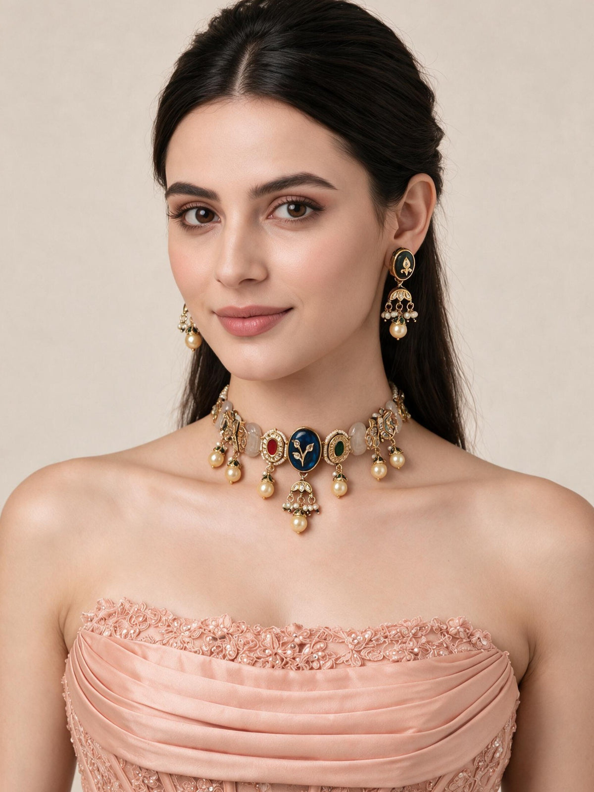 Navratna Kundan Pearl Choker Earring Set