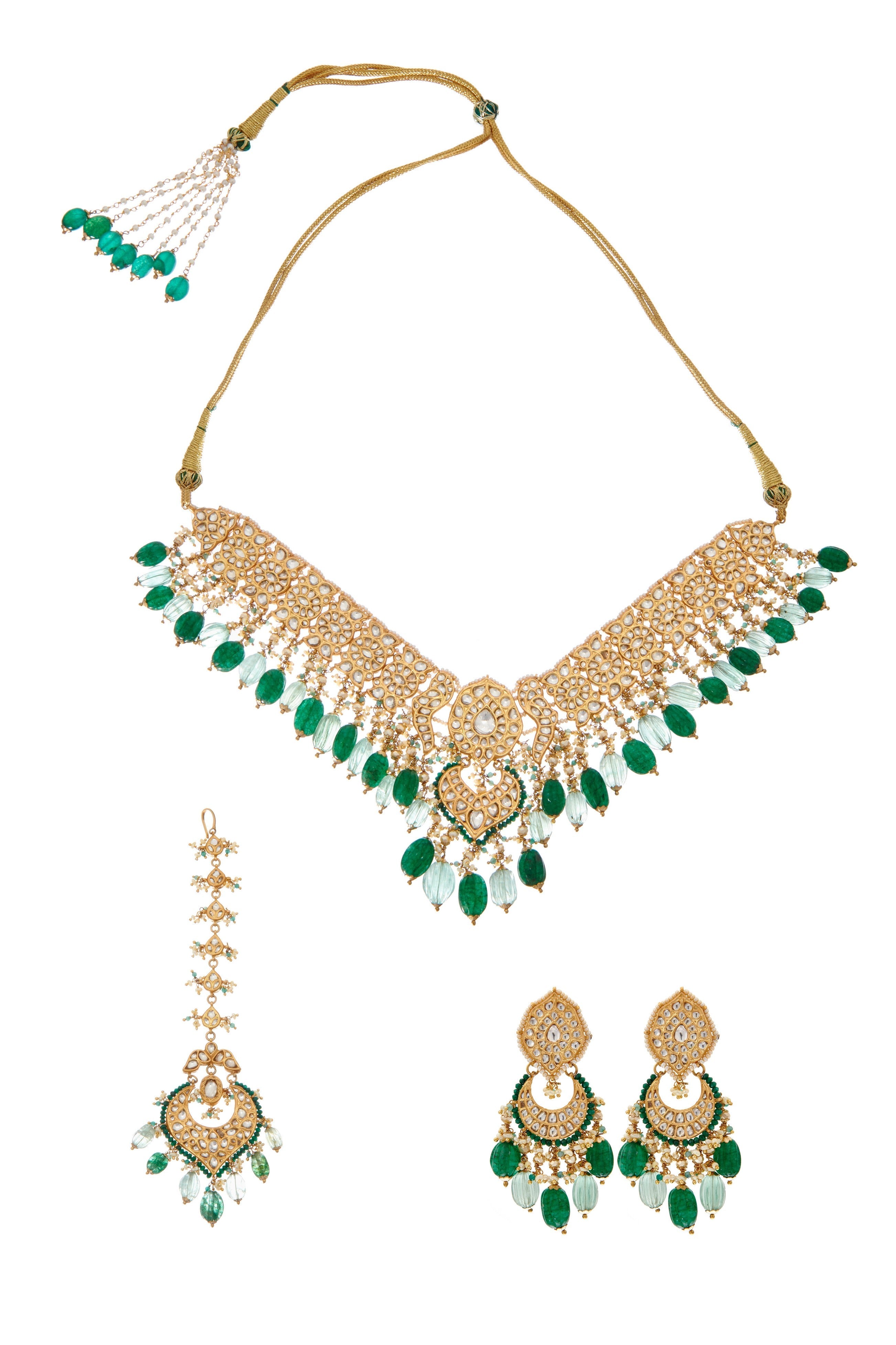 92.5 silver Peacock Thappa Jadai and Green Stones Choker Set with Tikka