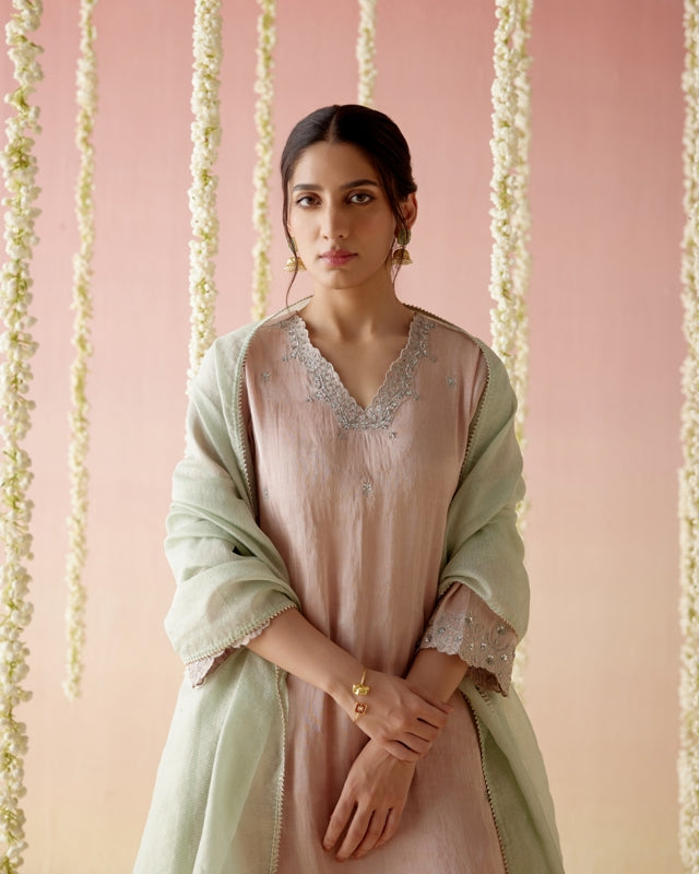 Old Rose Tissue Kurta with 
Narrow Pants & Dupatta - Set of 3