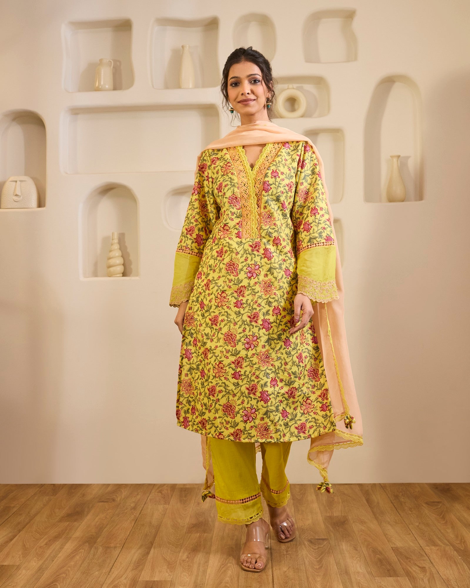 Dahlia Yellow Embroidered Cotton Kurta with Narrow Pants